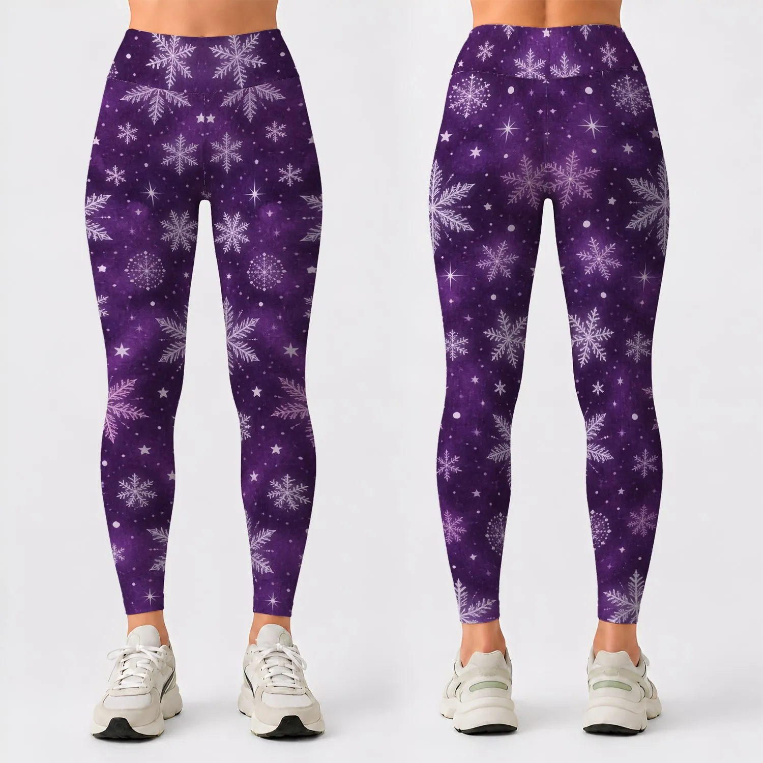 Purple Snowflakes And Stars For Cozy Christmas Holiday Celebrations Leggings - 1