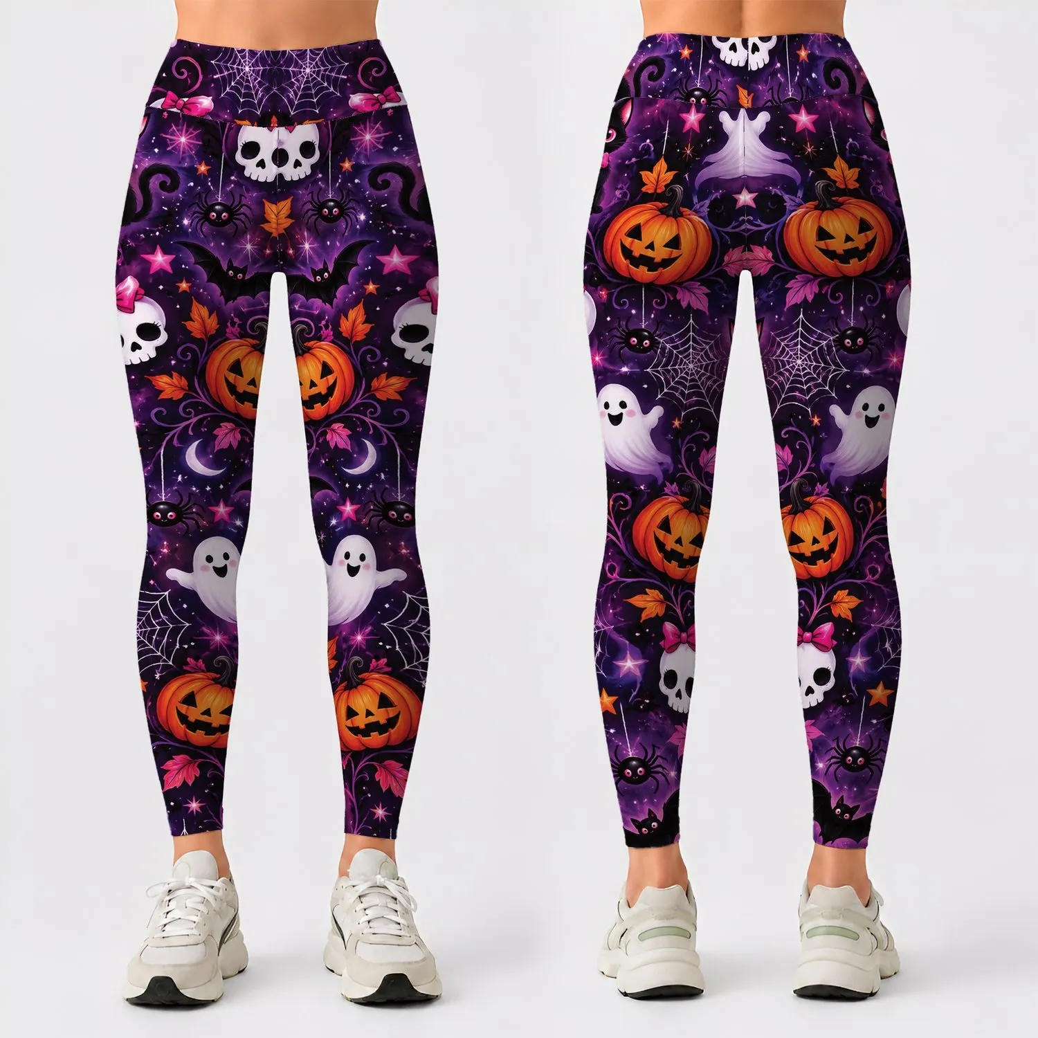 Cute Skull Bows, Pumpkins And Ghosts For Playful Halloween Celebrations Leggings - 1