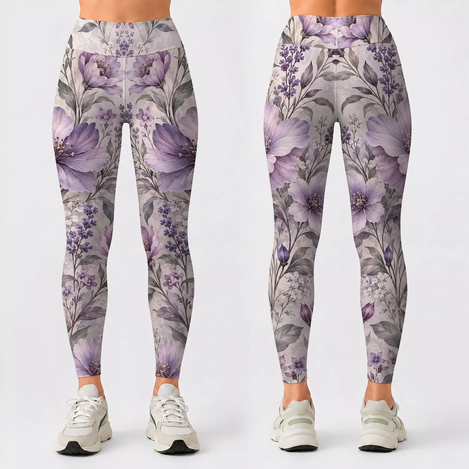 Lavender Wildflower Sprigs on Mist Gray for Coastal Summer Getaways and Garden Strolls Leggings - 1