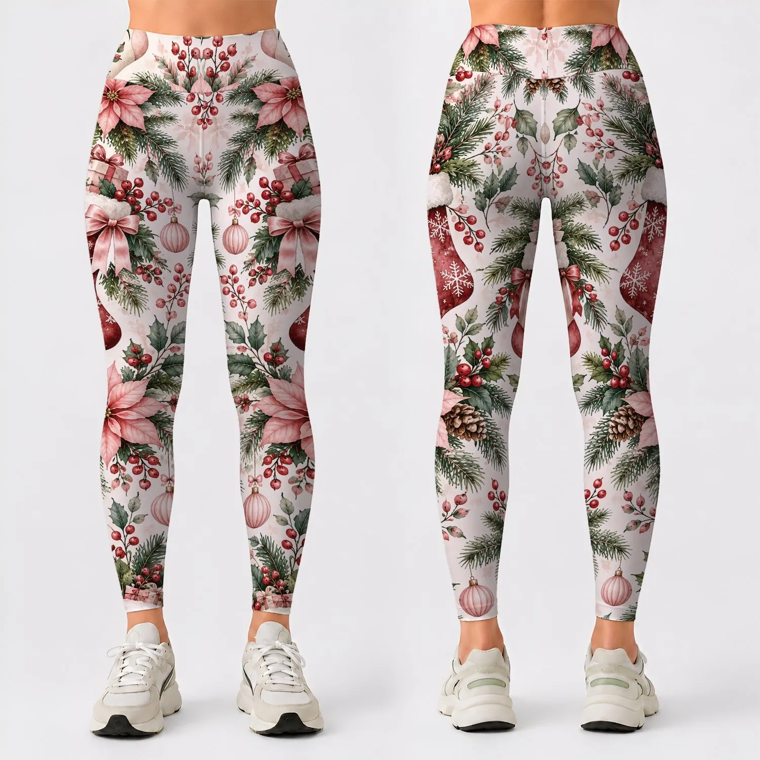 Blush Christmas Stockings, Pine and Poinsettias for Cozy Holiday Family Gatherings Leggings - 1