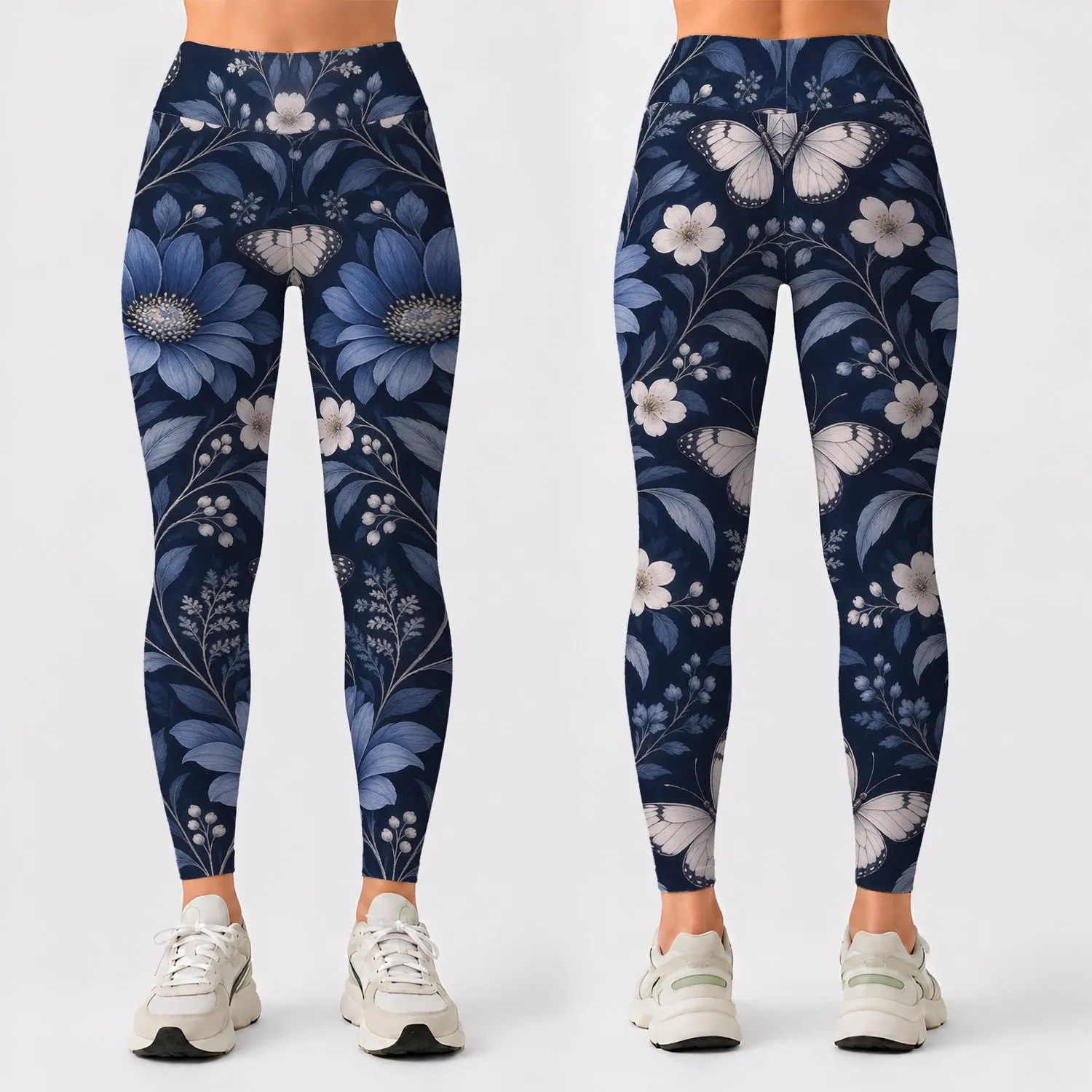 Ivory Butterflies And Midnight Blooms For Coastal Getaways And Everyday Nature Lovers Leggings - 1