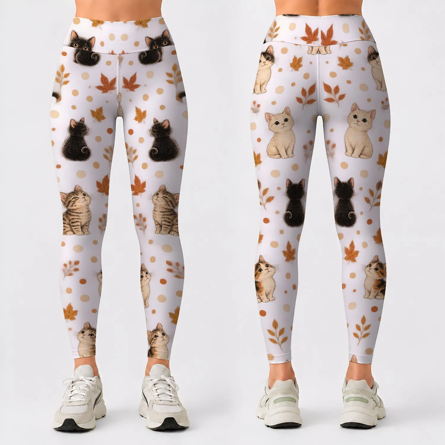 Autumn Kitten Faces and Ivory Polka Dots for Cozy Everyday Commuting Style for Women Leggings - 1