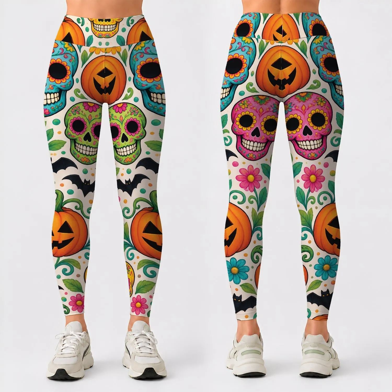 Colorful Skulls, Jack-O’-Lanterns and Bats for Halloween Festivities and Autumn Nights Leggings - 1