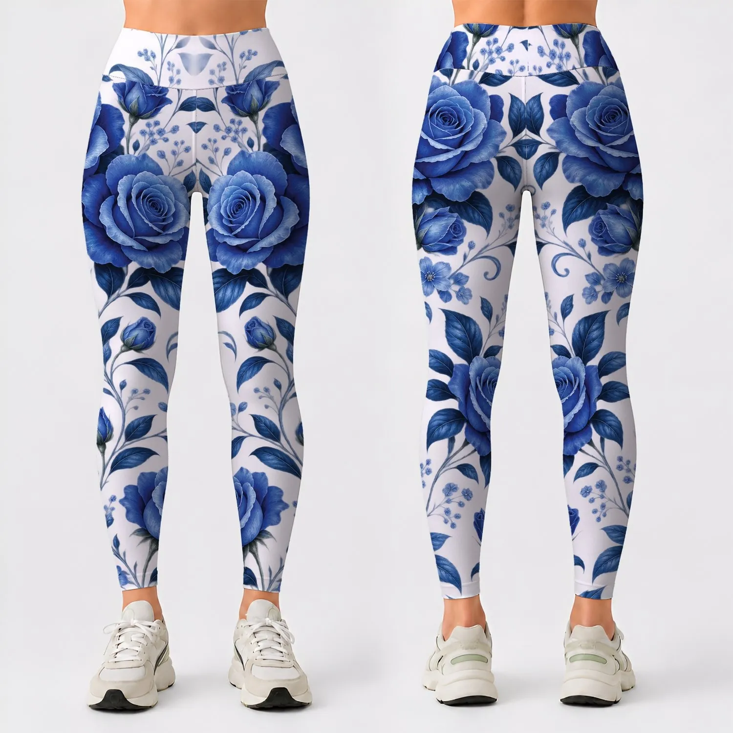 Cobalt Blue Roses on Midnight Black for Elegant Everyday Style and Garden Gatherings Leggings - 1
