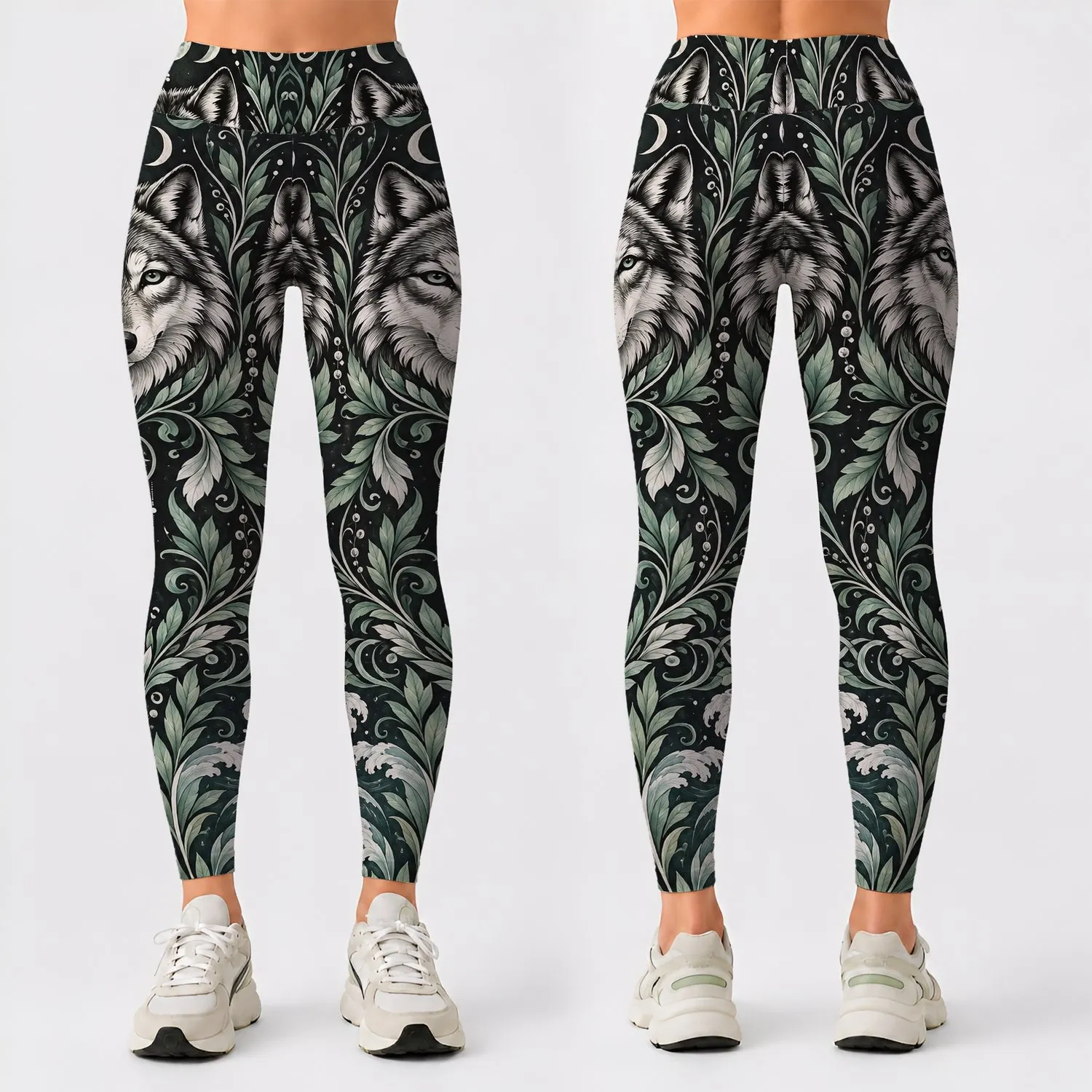 Monochrome Wolf Portraits And Botanical Scrollwork For Relaxed Coastal Weekend Adventures Leggings - 1