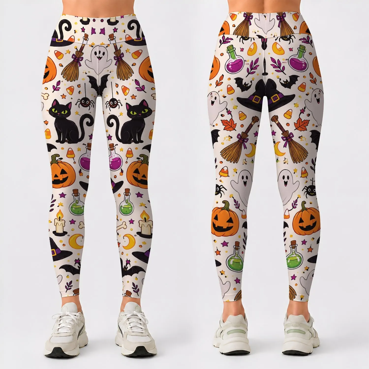 Witch Hats, Pumpkins, Black Cats And Ghosts For Halloween Party Style Leggings - 1