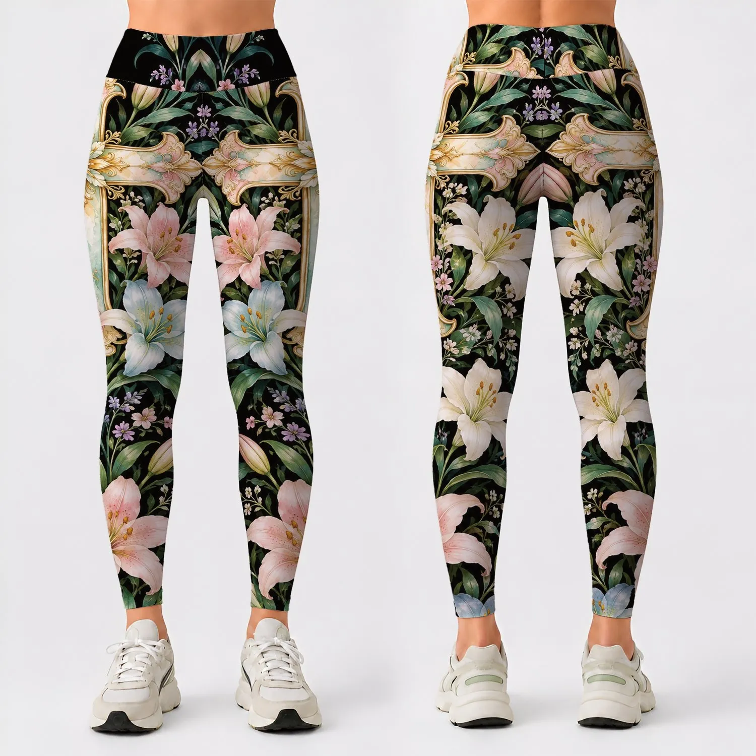 Pastel Lily Cross Easter Florals for Spring Sunday Celebrations and Seasonal Style Leggings - 1