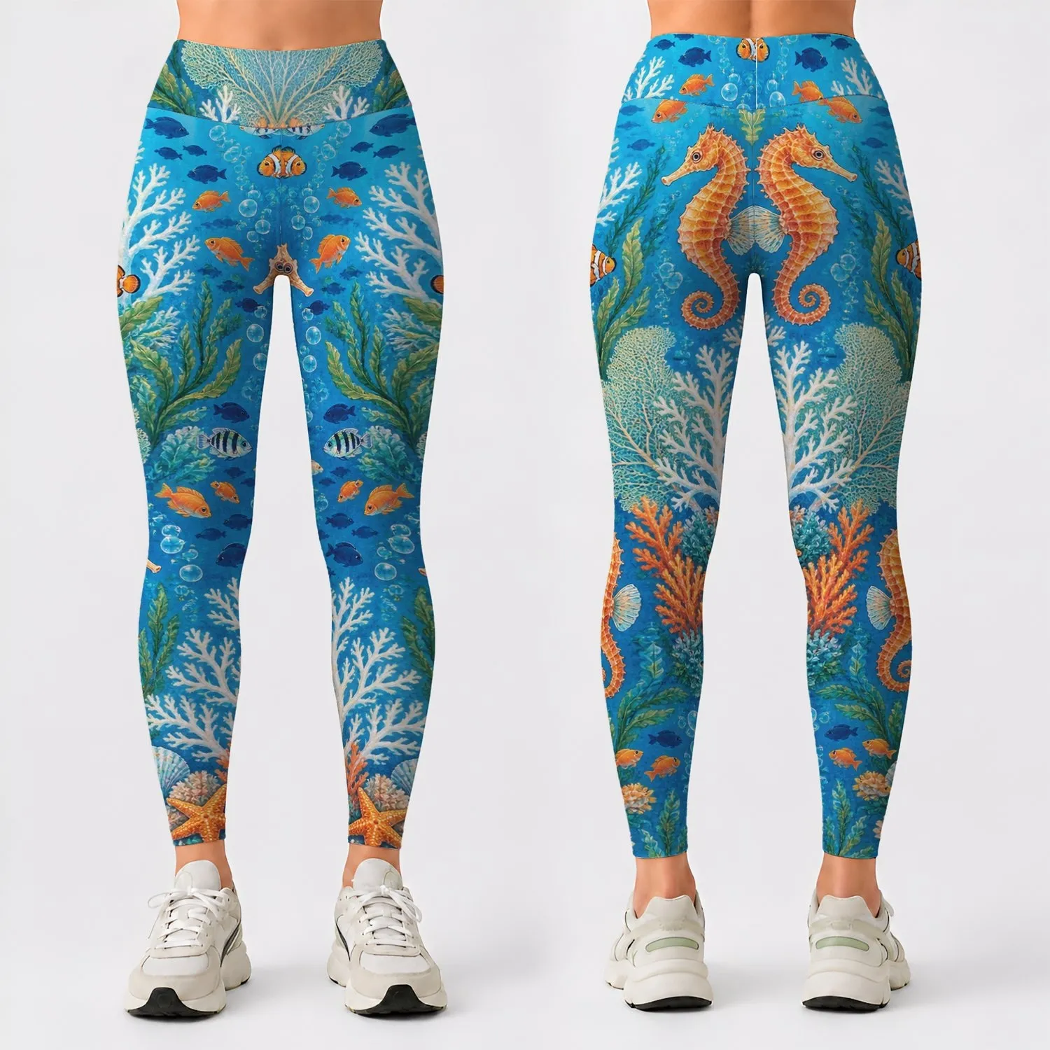 Turquoise Coral Reef and Seahorse Coastal Escape for Ocean Lovers and Beach Days Leggings - 1