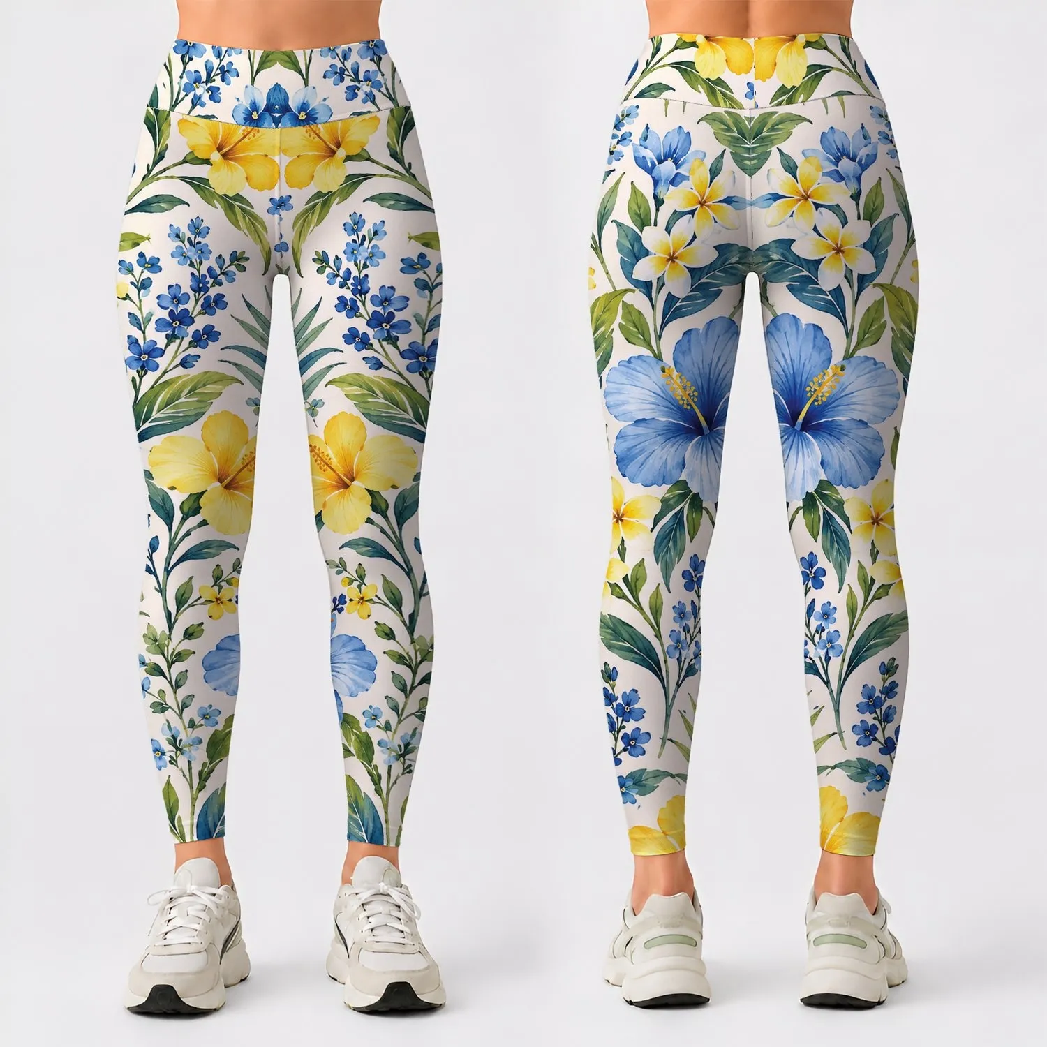 Blue Yellow Botanical Flowers for Coastal Getaways and Sunny Beach Days Leggings - 1