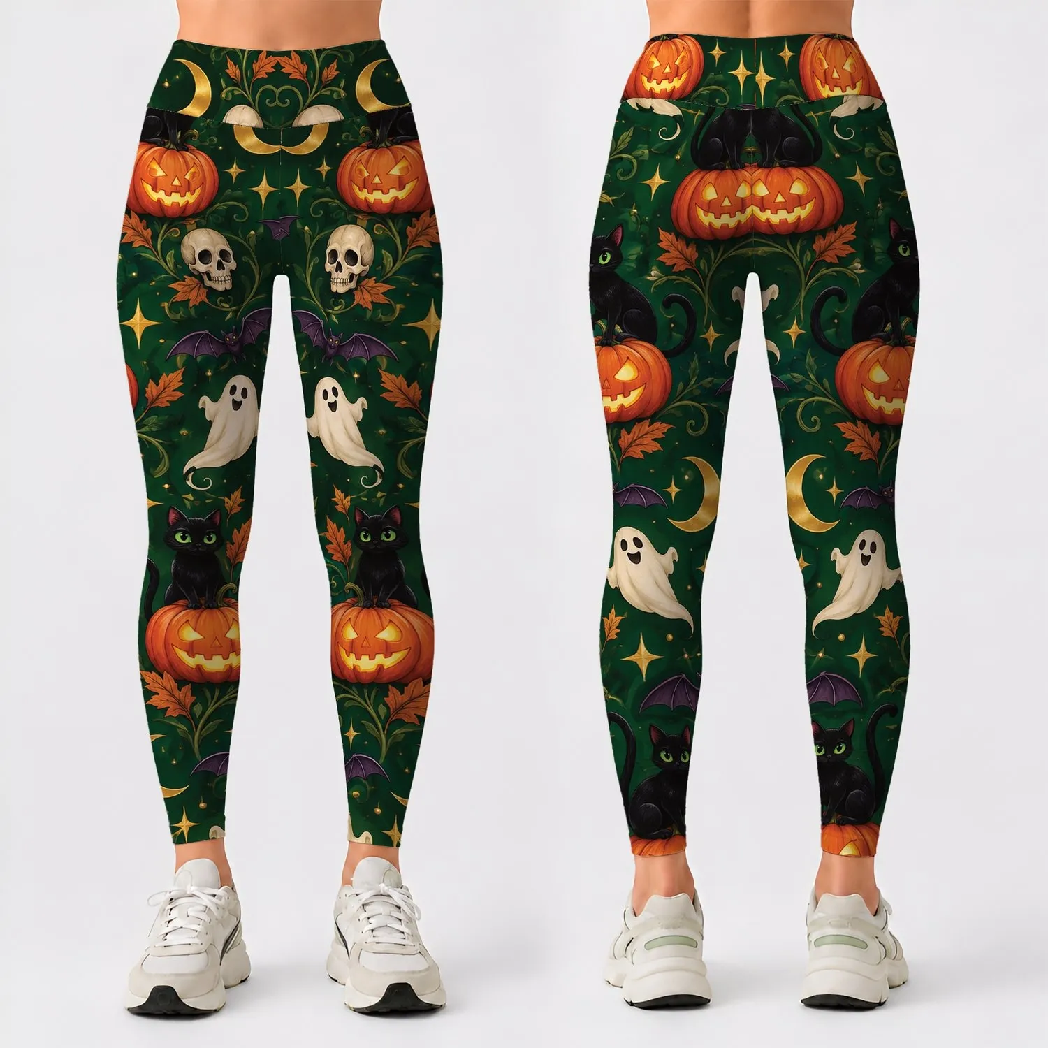 Green Halloween Jack-o'-Lanterns and Skulls for Spooky Season Celebrations Leggings - 1