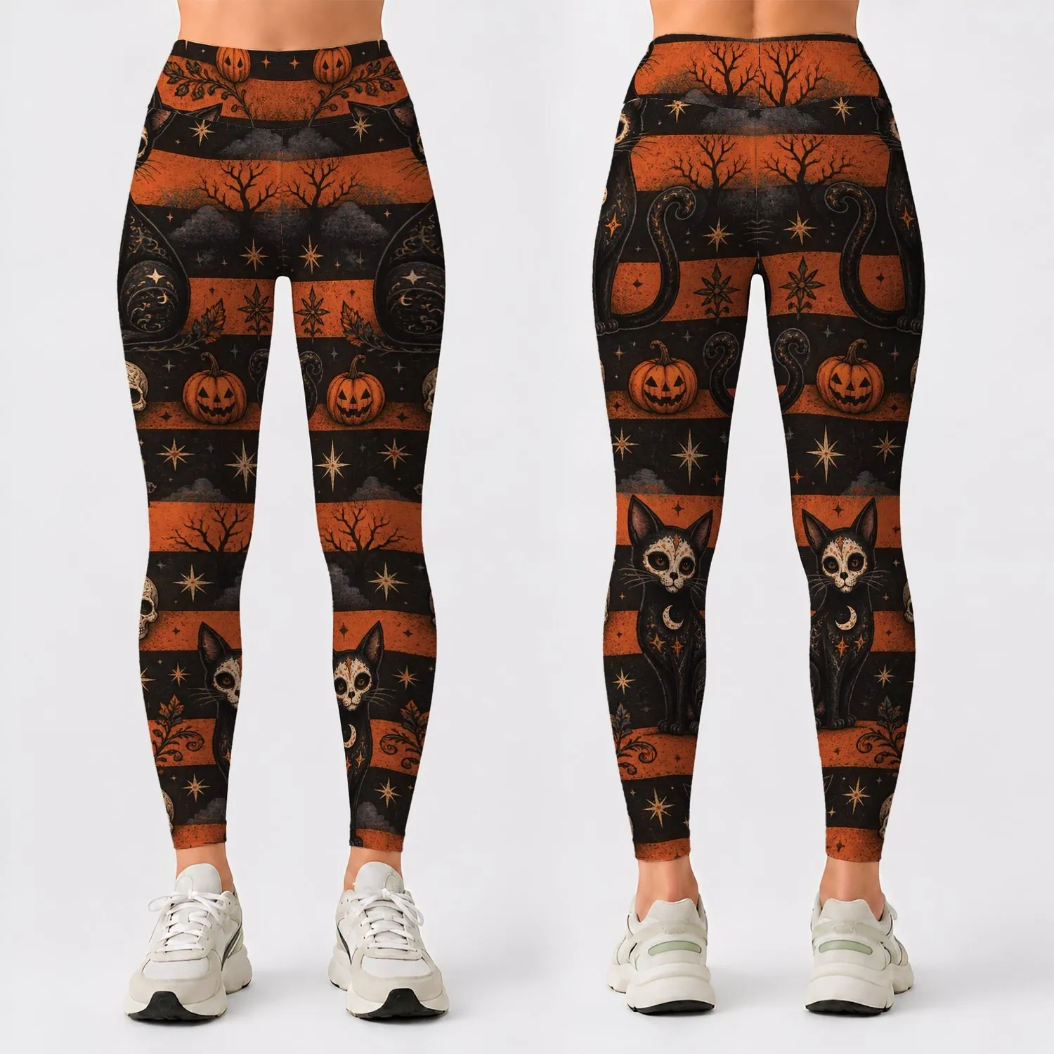Striped Skull Cat Halloween Style for Spooky Season Celebrations and Everyday Wear Leggings - 1