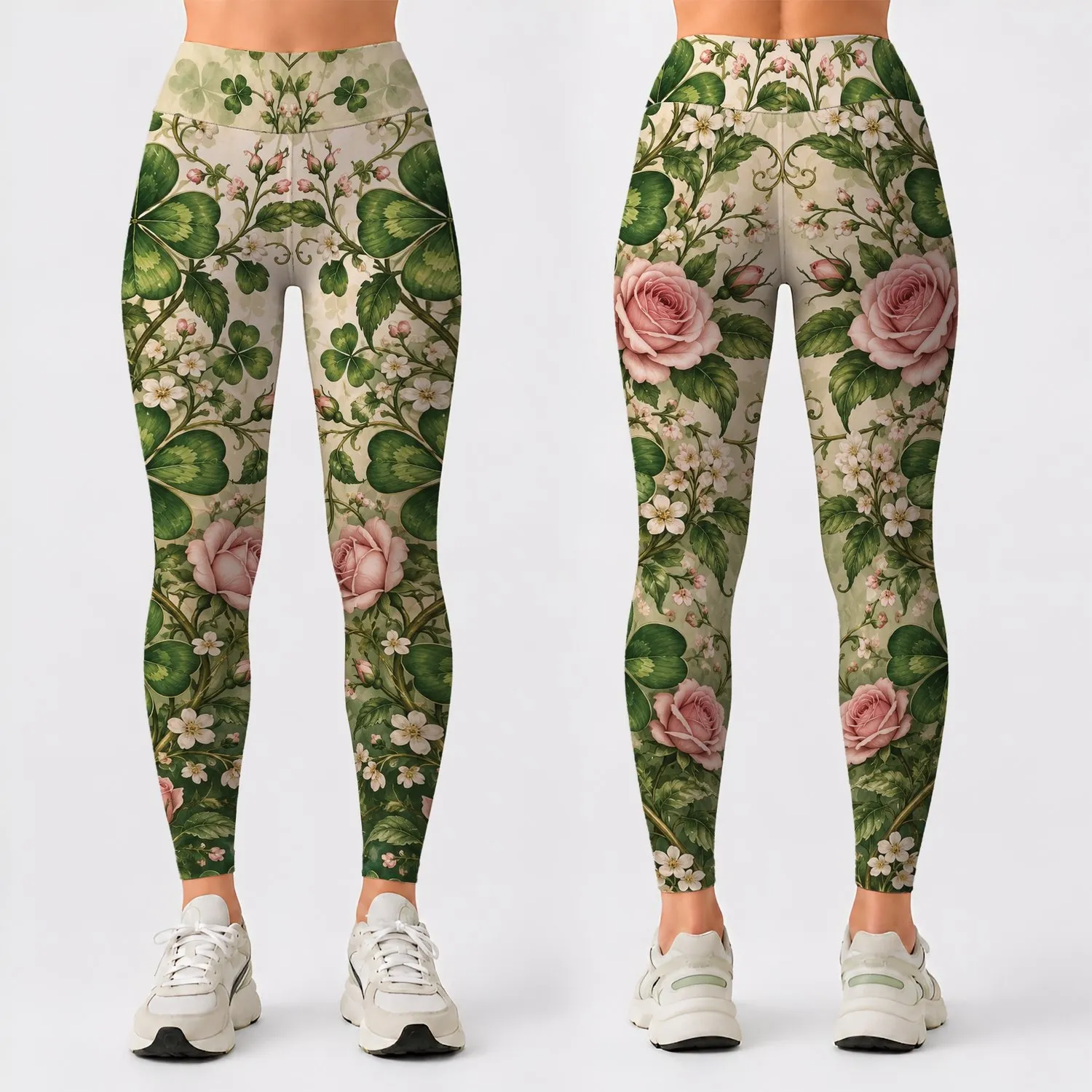 Ivory And Emerald Shamrock Rose Vines For St. Patrick’s Day Festive Celebrations Leggings - 1