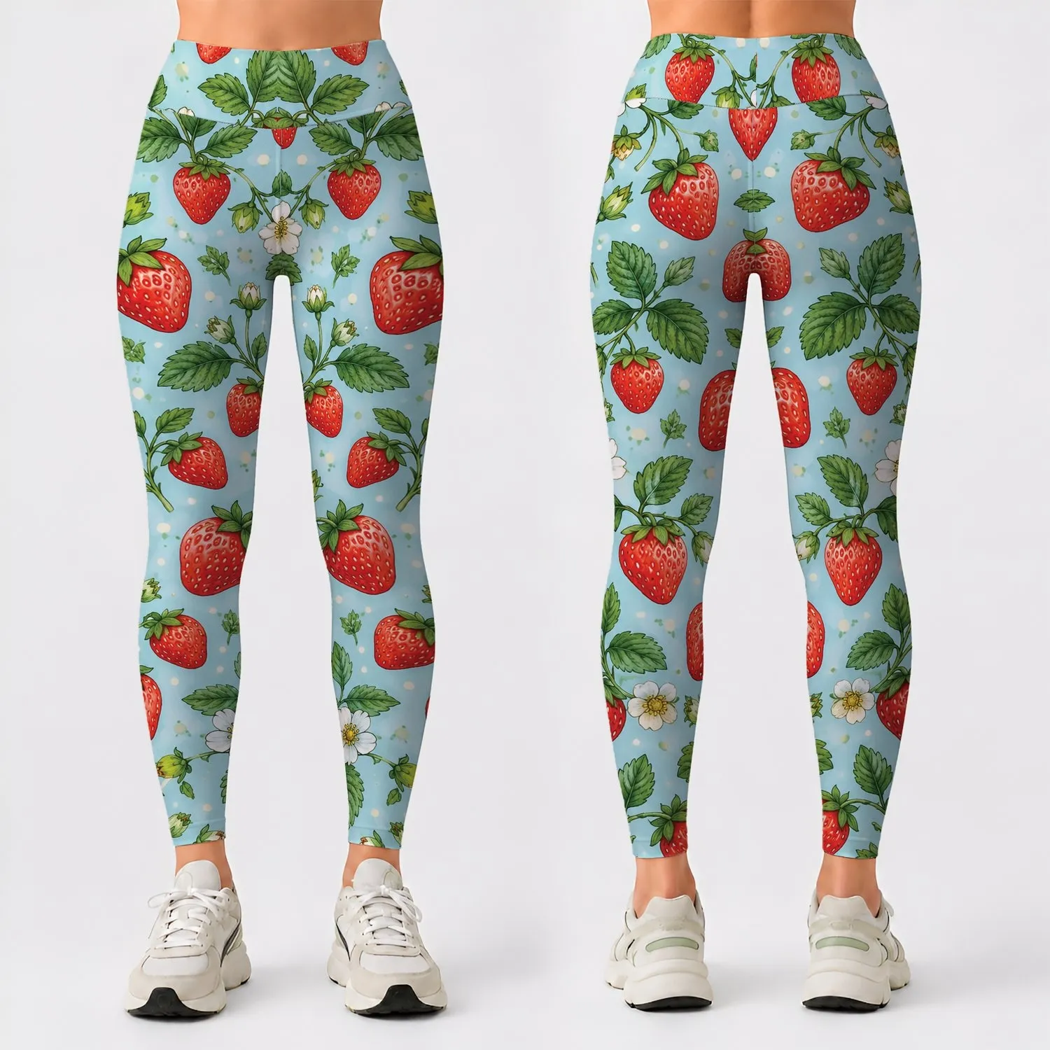 Strawberry And Aqua Botanical Motifs For Yoga Pilates And Everyday Wear Leggings - 1