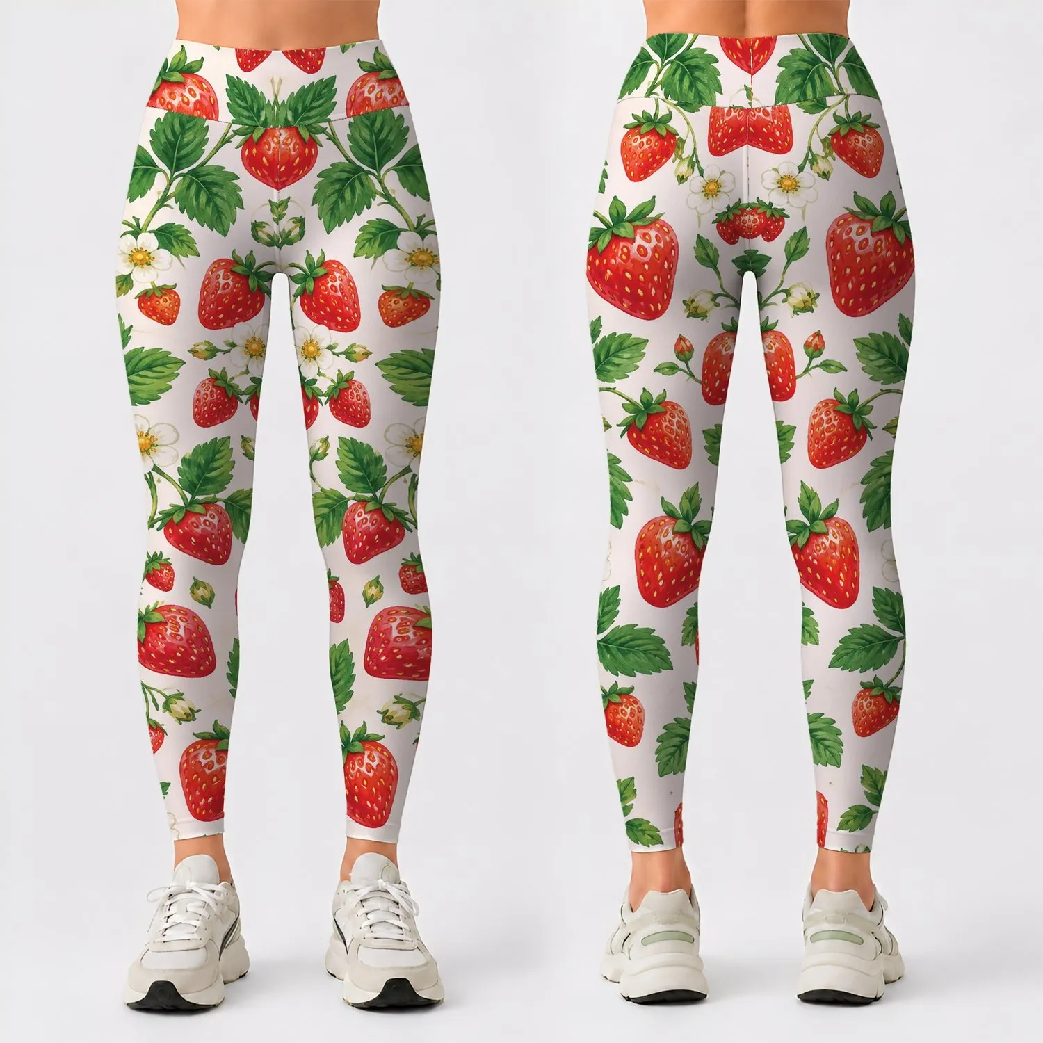 Coral Strawberry And Green Leaf Motifs For Yoga, Pilates And Summer Errands Leggings - 1
