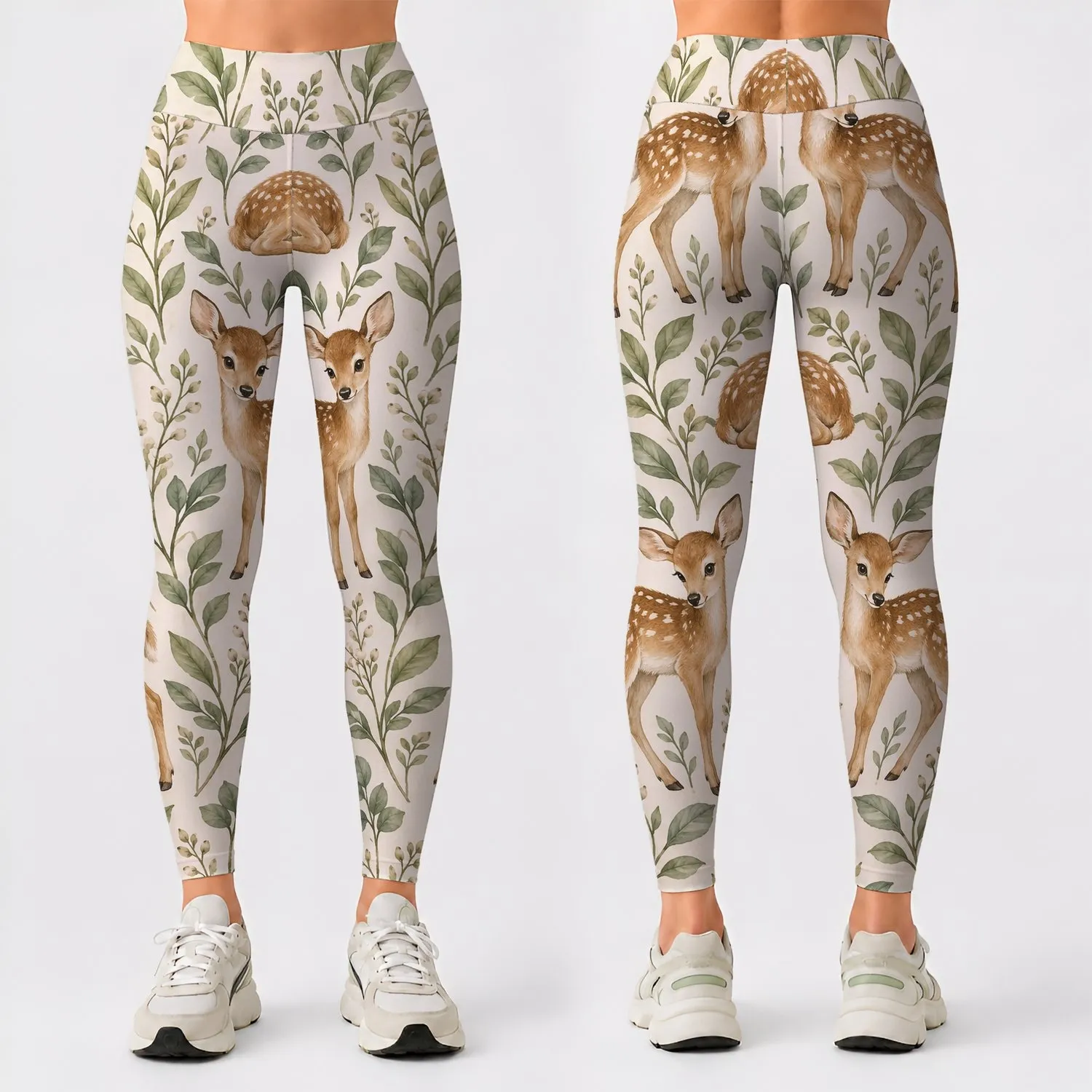 Woodland Fawn and Sage Leaves for Yoga, Pilates, and Everyday Outings Leggings - 1