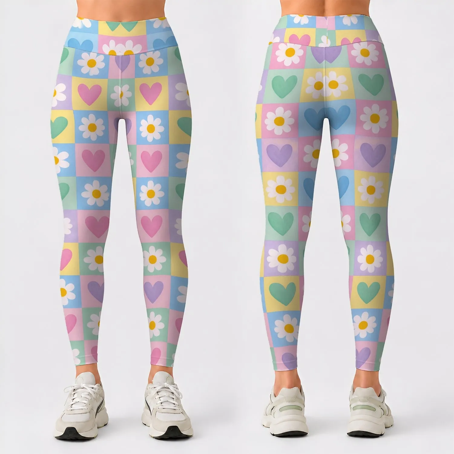 Pastel Daisy Heart Checks for Yoga, Pilates, and Everyday Outings Leggings - 1