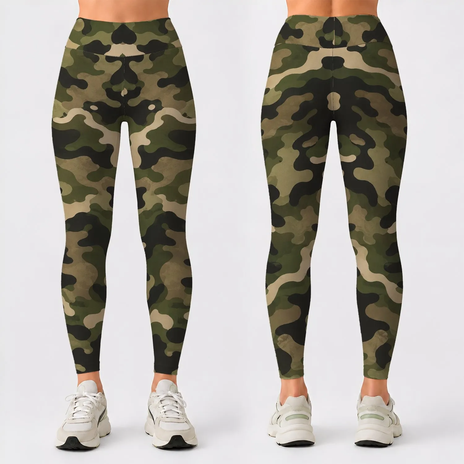 Olive Woodland Camo Motif for Trail Training and Outdoor Fitness, Active Women Athletes Leggings - 1