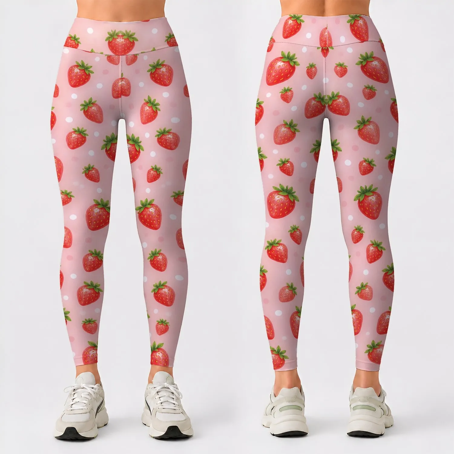 Blush Strawberry and White Dot Motifs for Sweet Summer Fitness and Everyday Activewear Leggings - 1