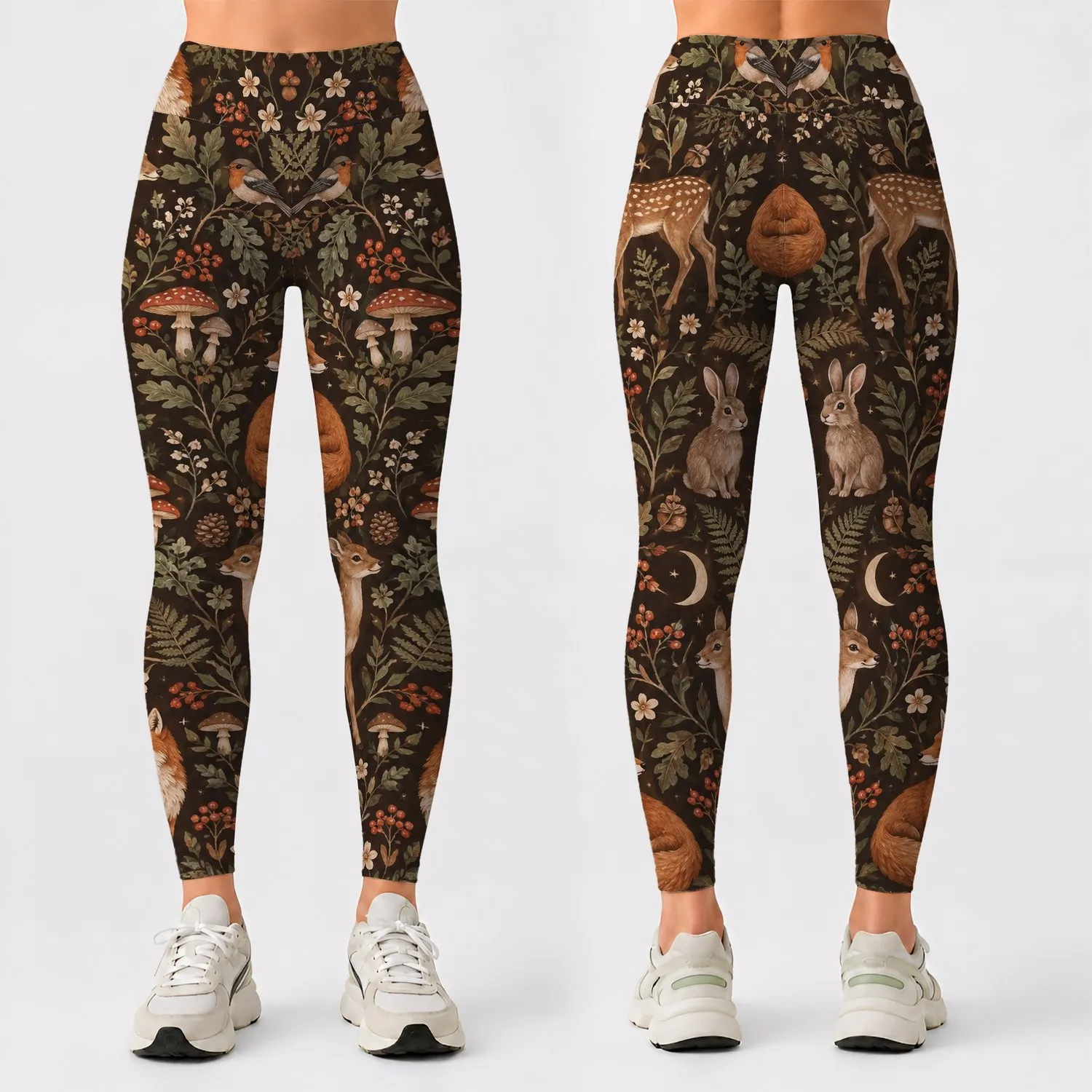 Woodland Fox Deer And Rabbit Motifs For Yoga Pilates And Nature Walks Leggings - 1