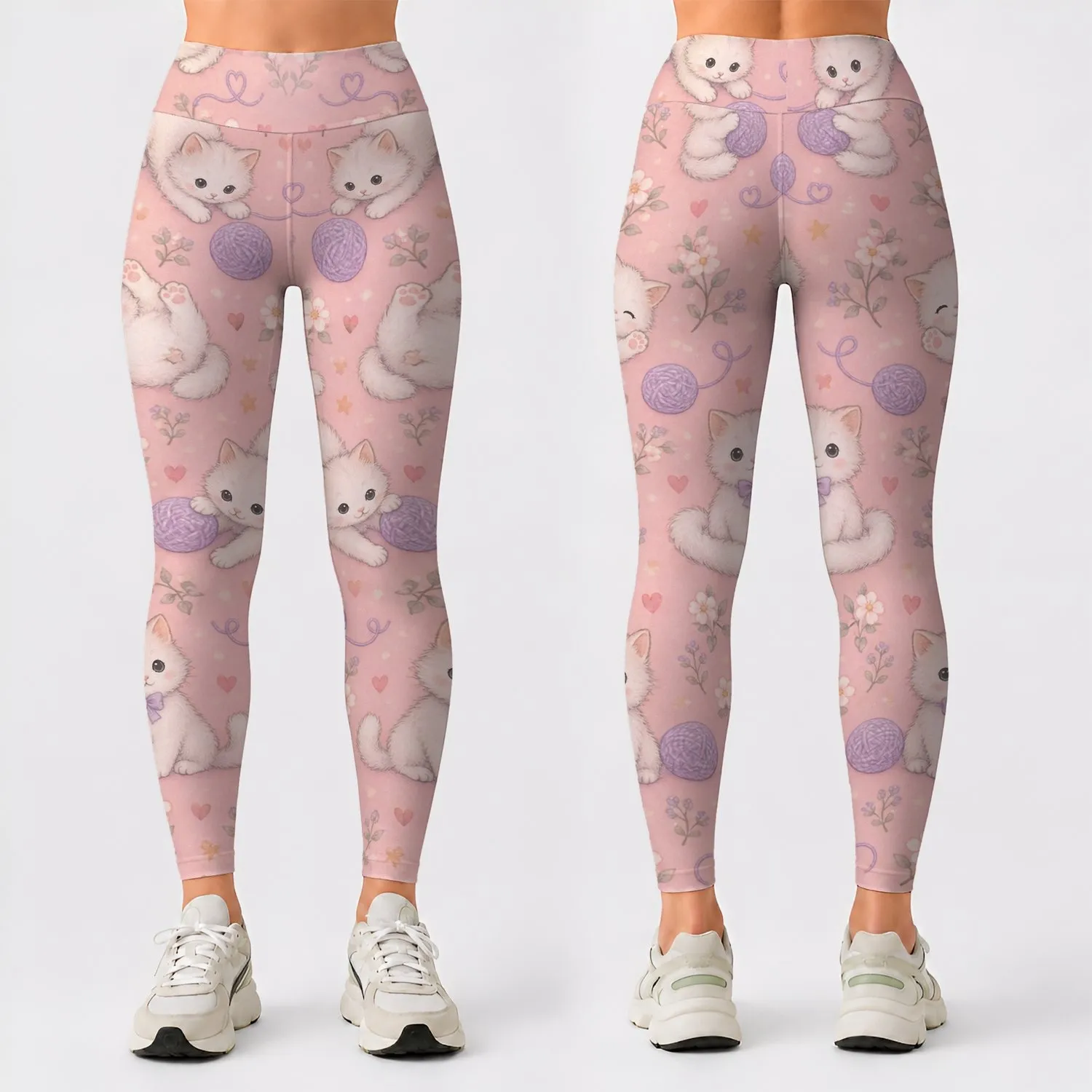 Kawaii Kitten And Yarn Ball Motifs For Cozy Yoga And Pilates Sessions Leggings - 1