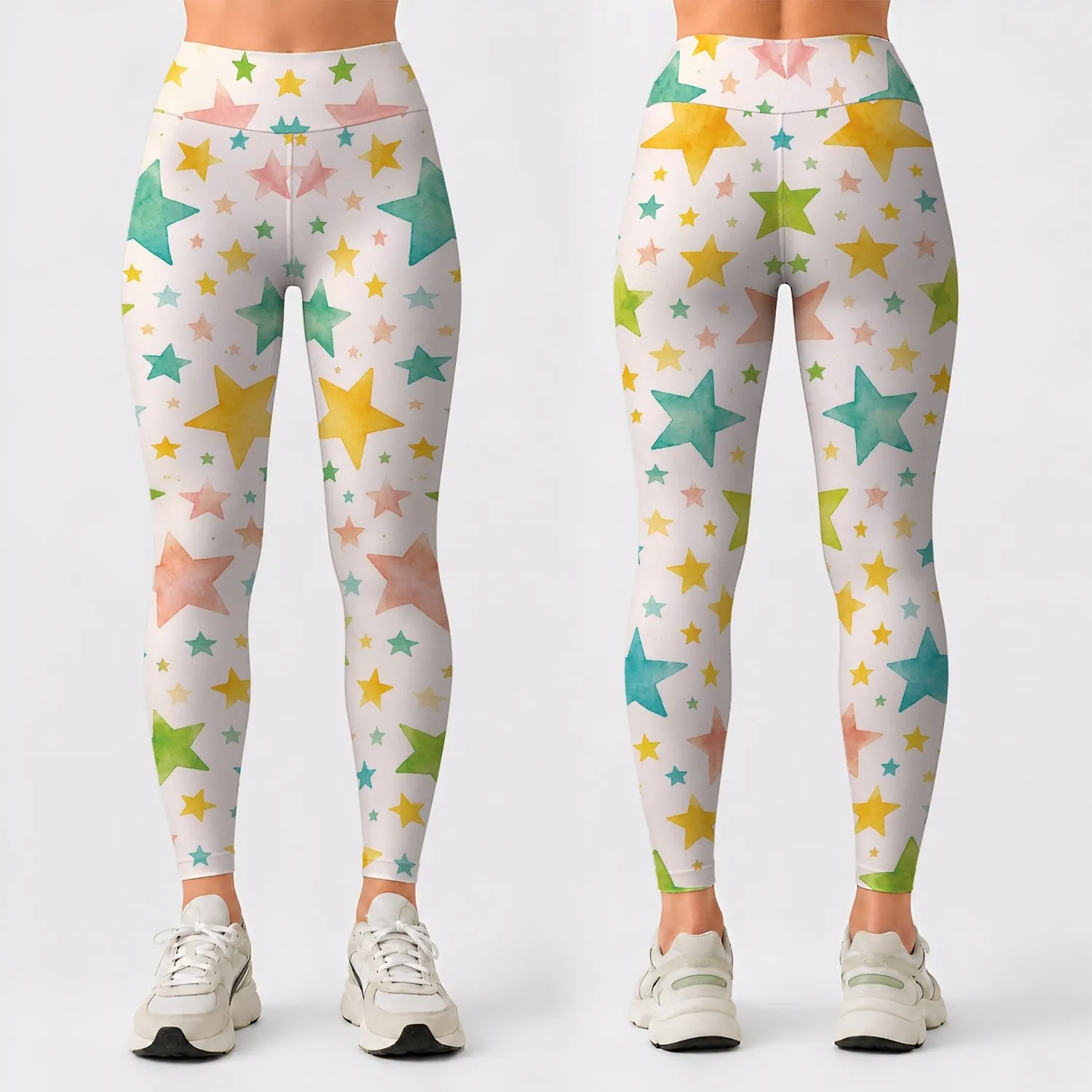 Pastel Star Scatter in Yellow Green and Pink for Yoga and Everyday Style Leggings - 1
