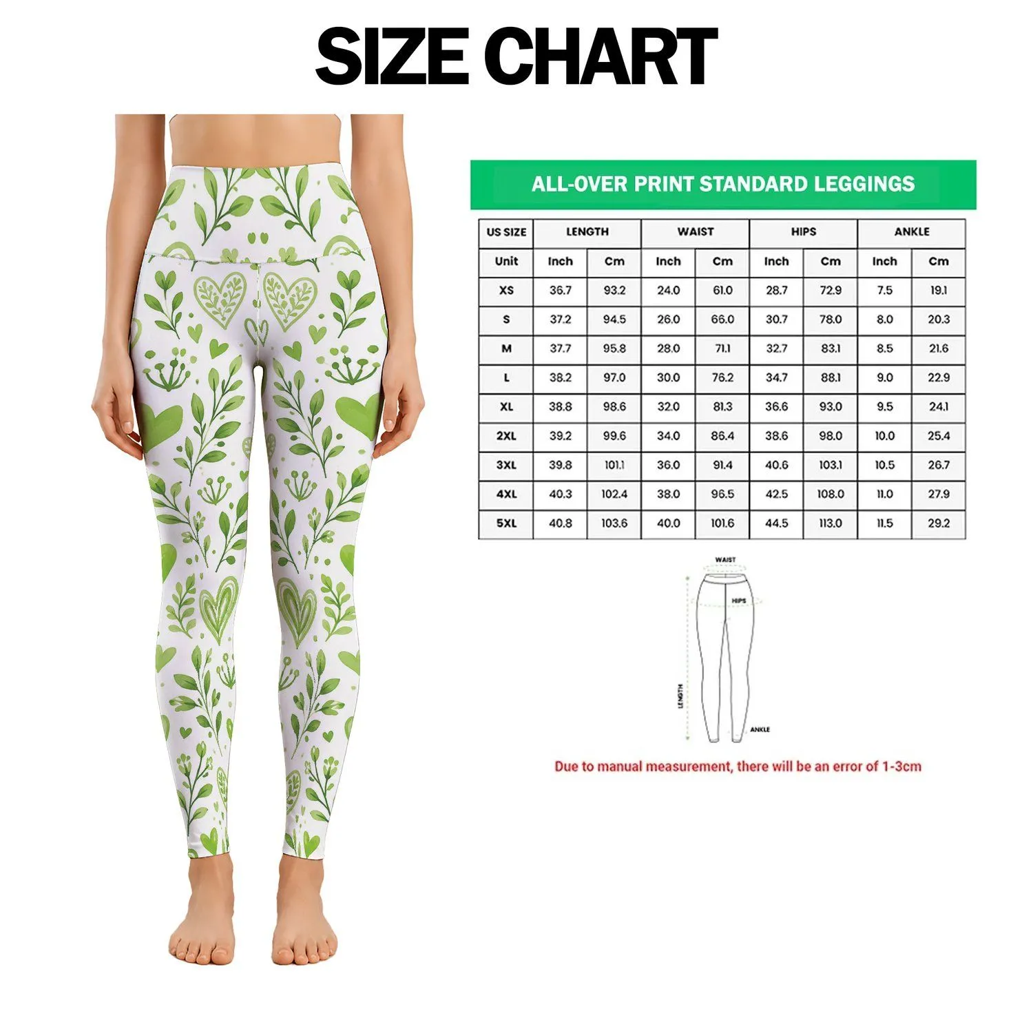 Fresh Green Hearts and Botanical Sprigs for Yoga, Pilates, and Everyday Wellness Leggings - 1