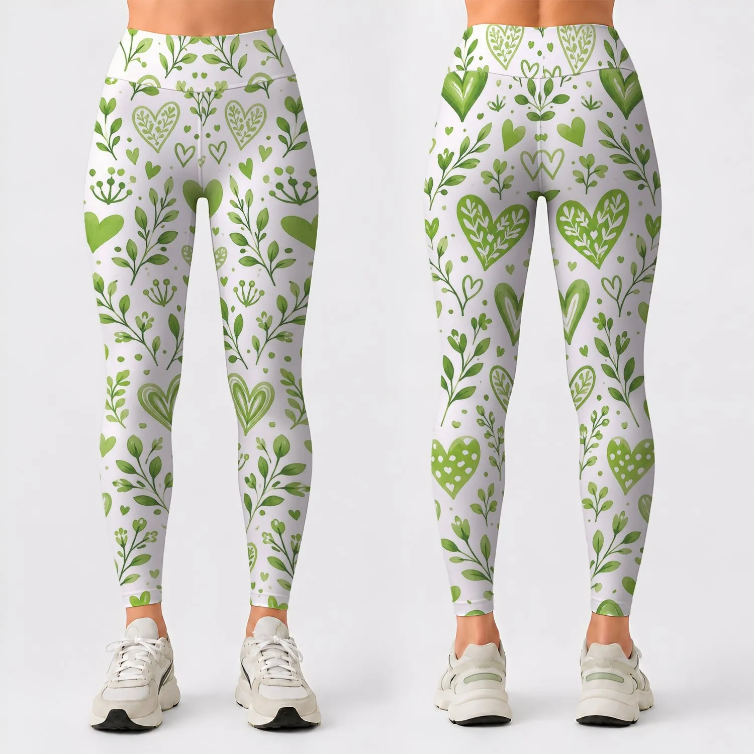 Fresh Green Hearts and Botanical Sprigs for Yoga, Pilates, and Everyday Wellness Leggings - 1