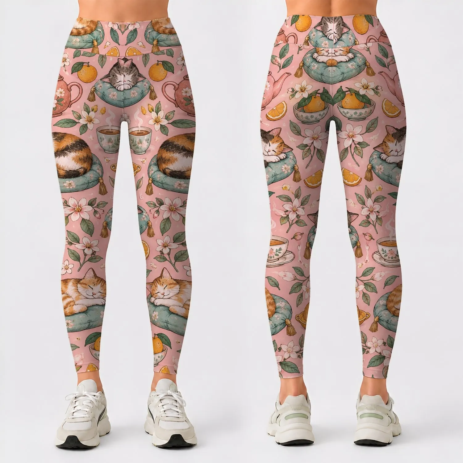 Cozy Sleeping Cats and Tea for Yoga, Pilates, and Relaxed Everyday Living Leggings - 1