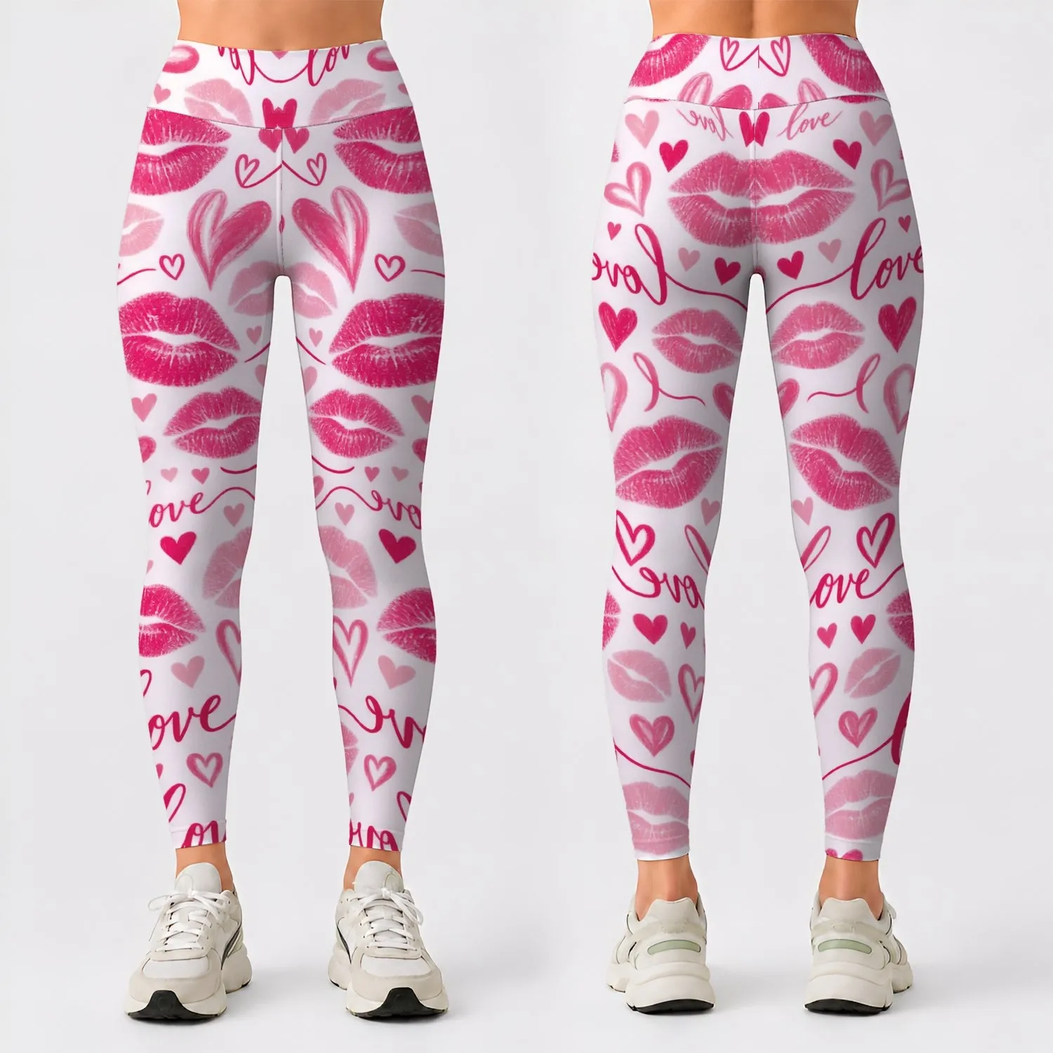 Pink Lipstick Kisses and Love Script for Yoga, Pilates, and Everyday Style Leggings - 1
