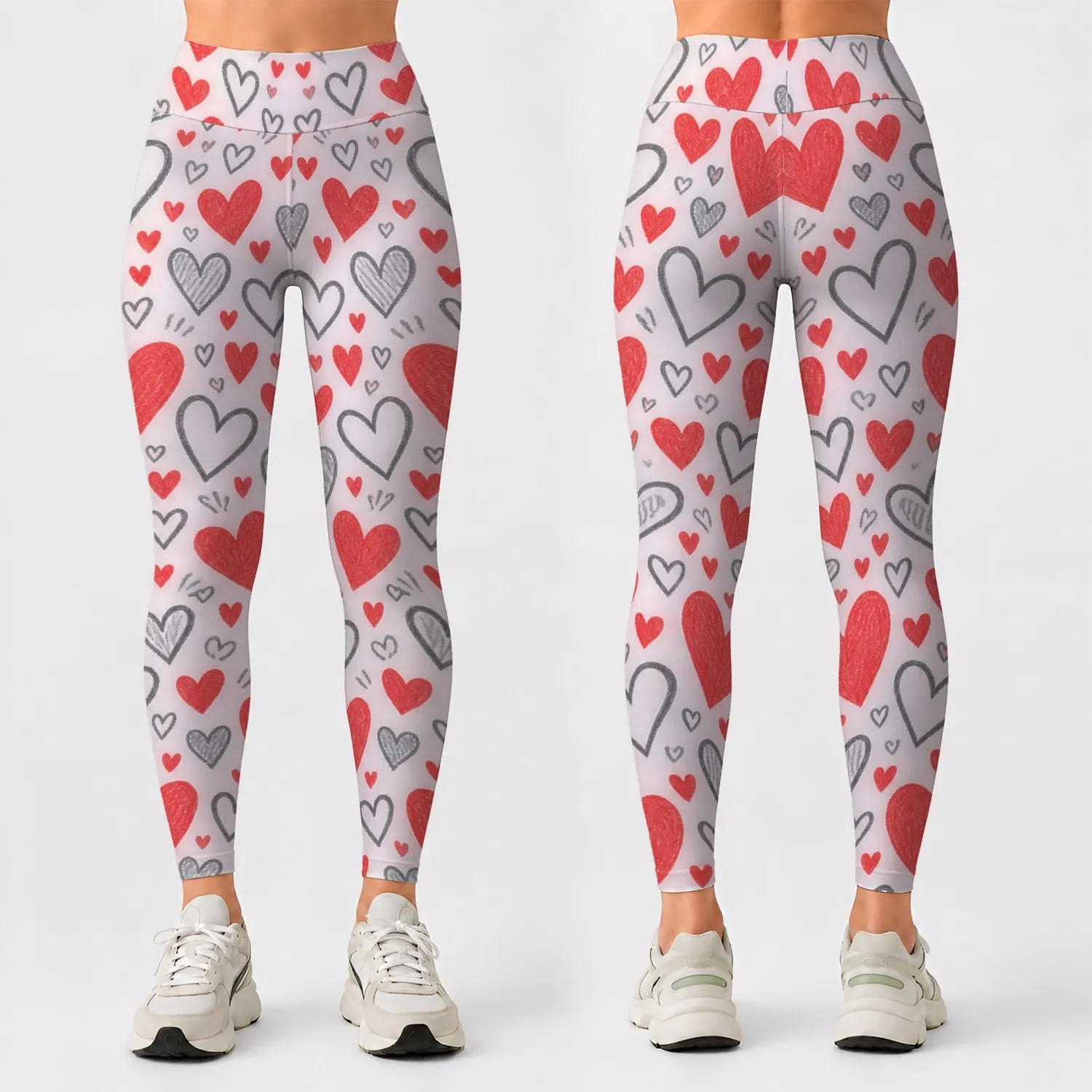 Red And Charcoal Sketch Hearts For Yoga, Pilates, And Everyday Activewear Looks Leggings - 1