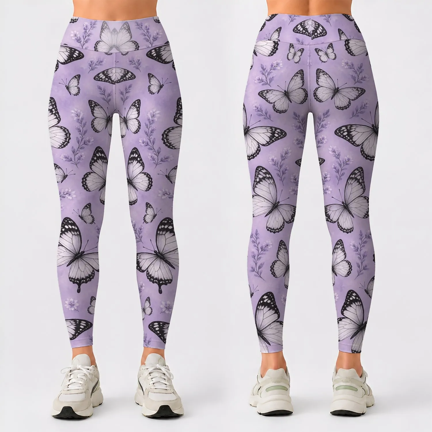 Black And White Butterflies On Lavender For Yoga, Travel And Everyday Wear Leggings - 1