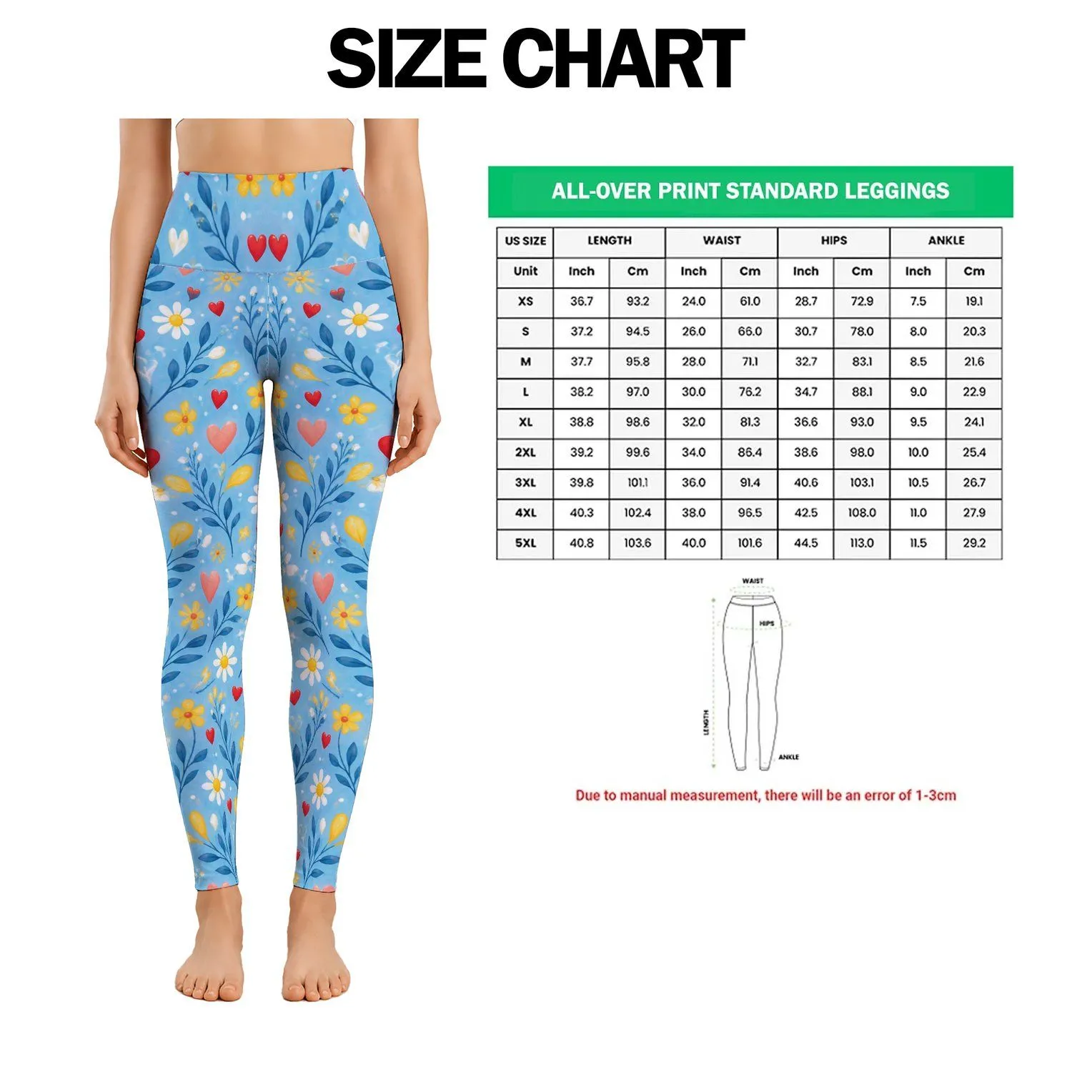 Sky Blue Hearts and Wildflowers for Cheerful Everyday Movement and Weekend Wear for Her Leggings - 1