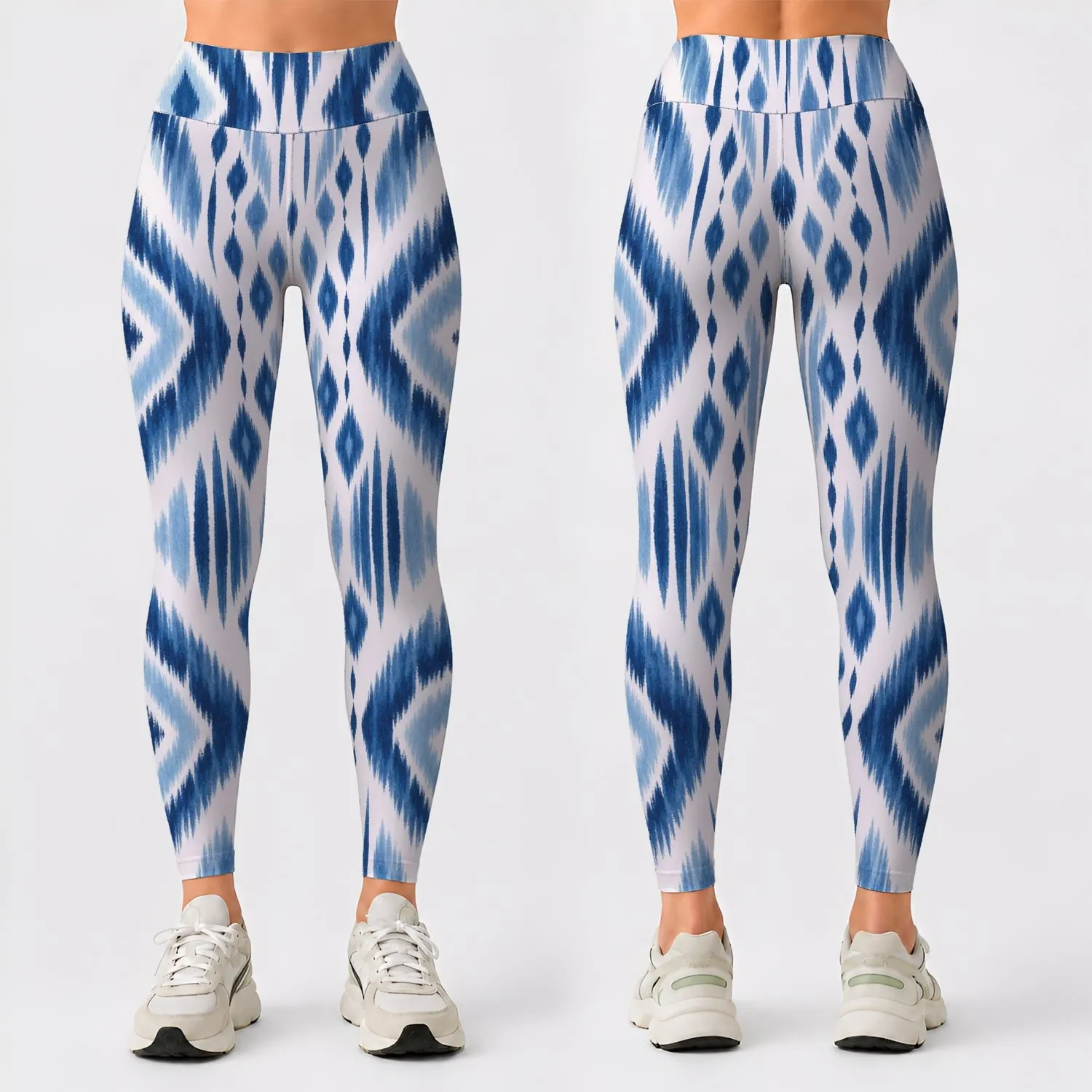 Indigo Ikat Motifs For Calm Studio Yoga, Weekend Movement And Relaxed Everyday Travel Leggings - 1