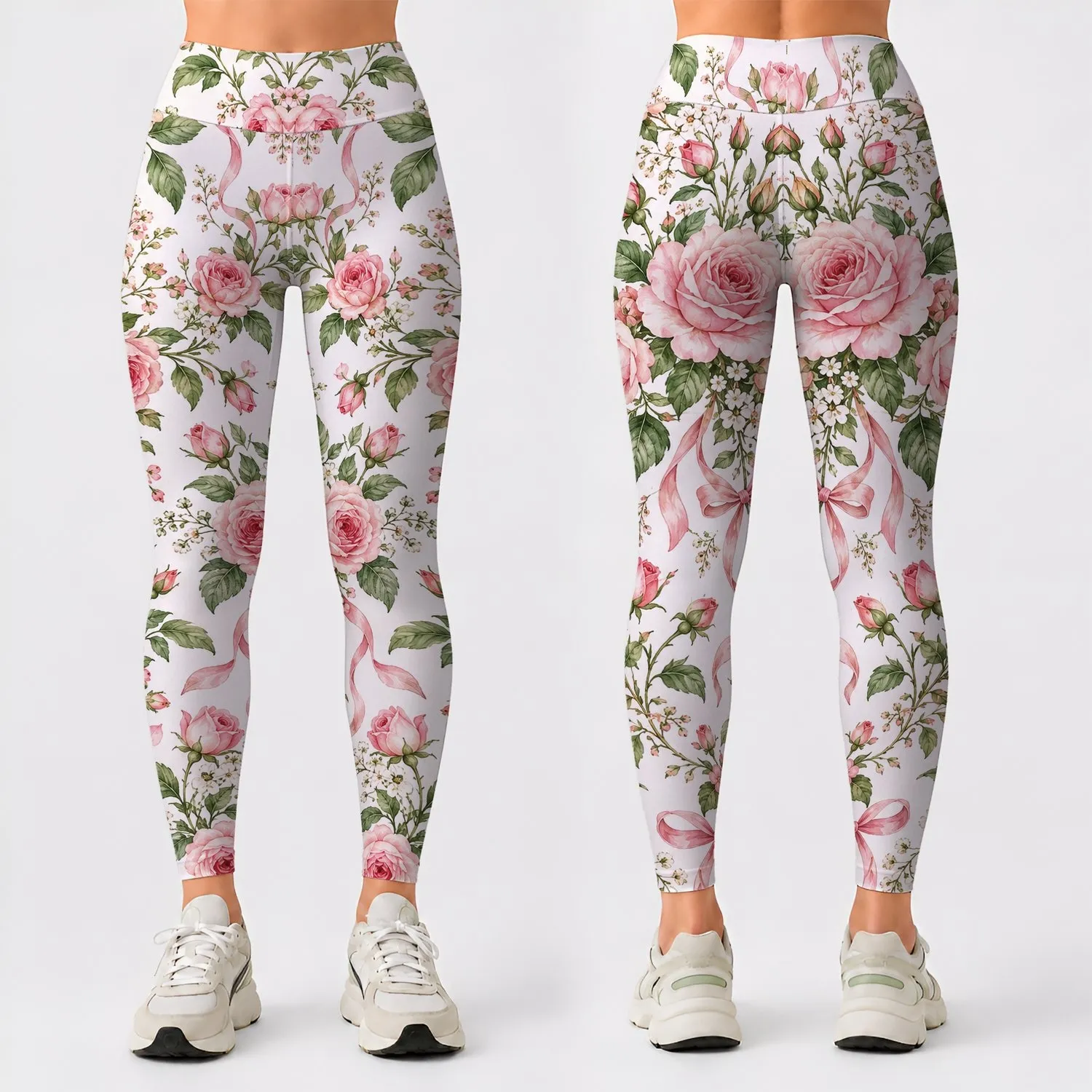 Soft Pink Rose and Bow Florals for Yoga, Pilates and Everyday Wear for Active Women Leggings - 1
