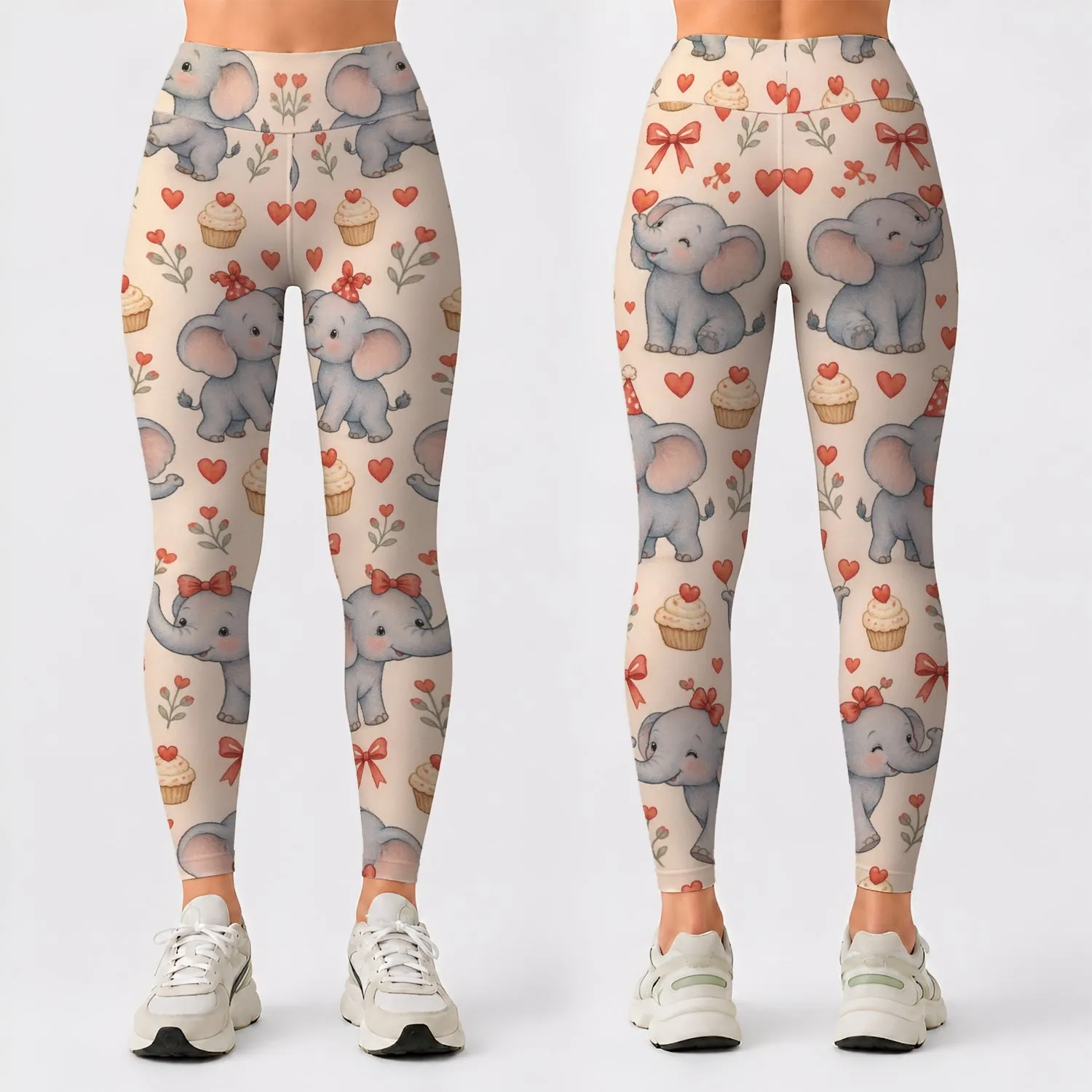 Blue Elephant Party With Hearts And Cupcakes For Playful Everyday Style Leggings - 1