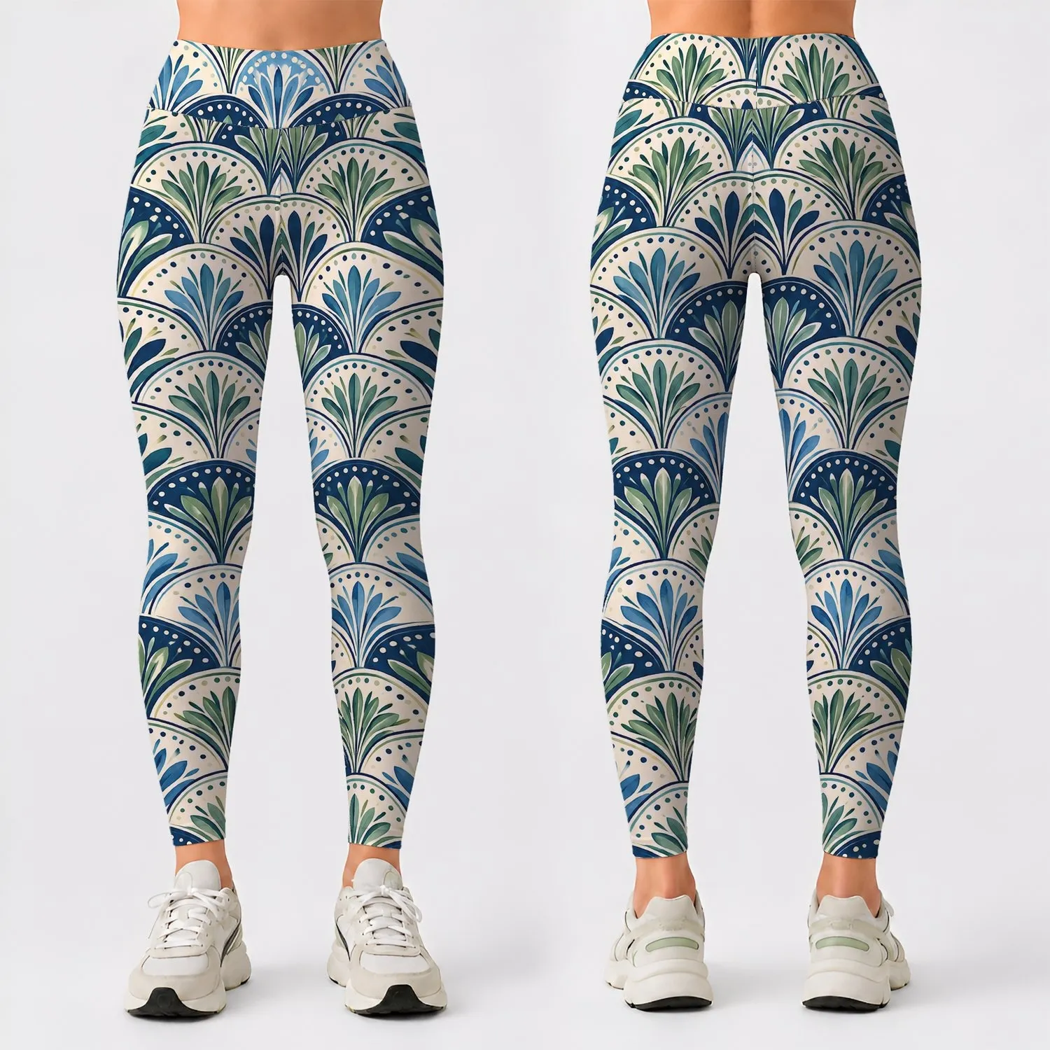 Navy And Sage Fan Scales For Yoga, Pilates, Cycling And Everyday Activewear Leggings - 1
