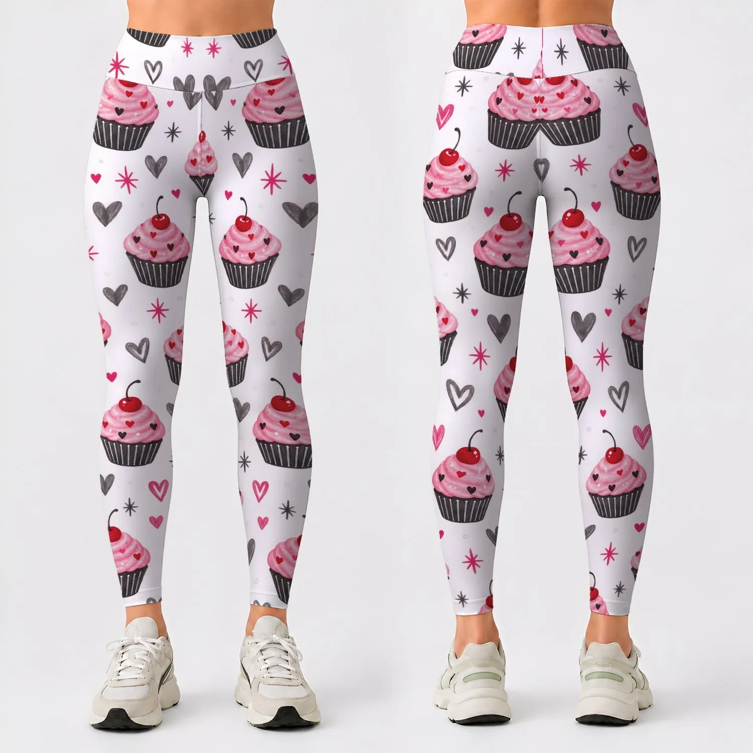 Pink Cherry Cupcakes and Sparkling Hearts for Sweet Everyday Activewear Style Leggings - 1