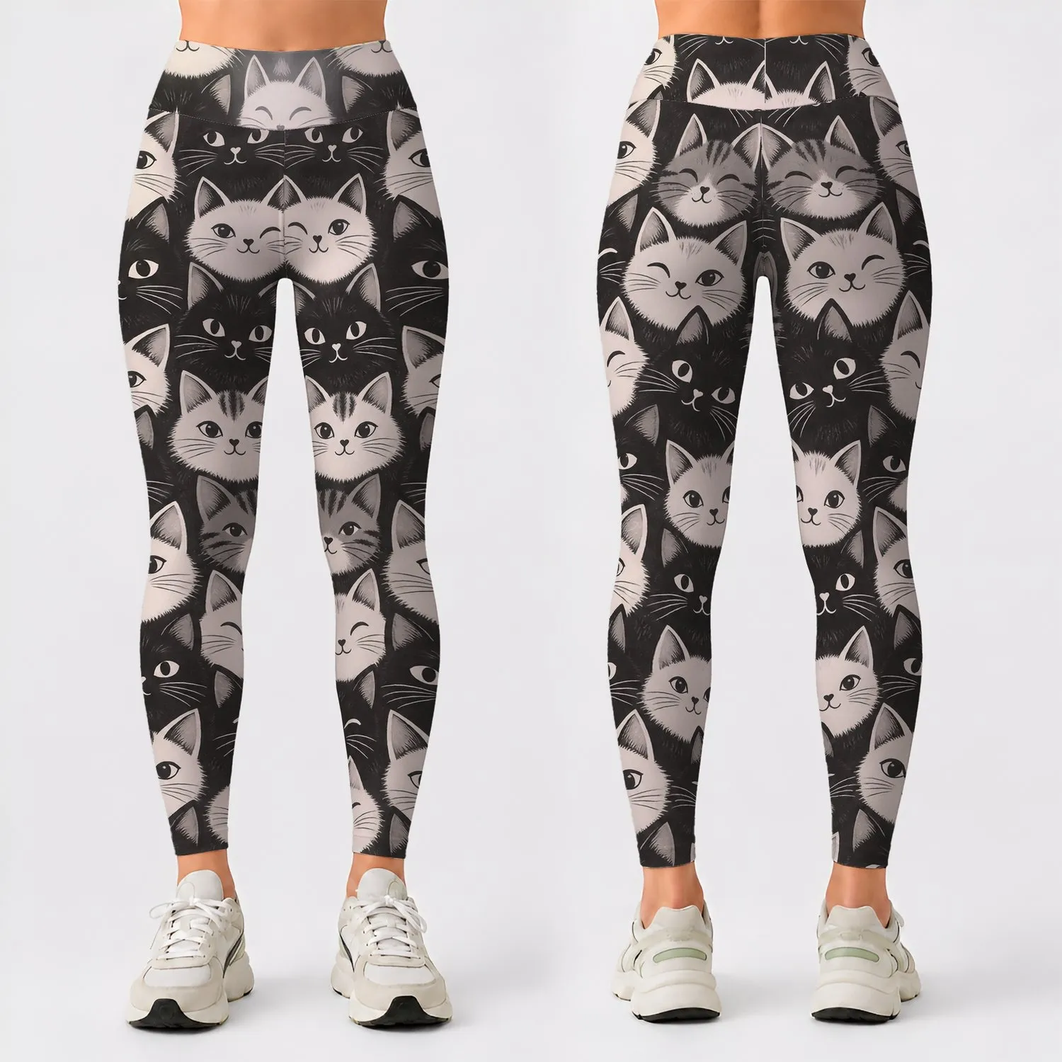 Monochrome Cat Faces for Yoga, Pilates, Everyday Citywear and Commuting for Cat Lovers Leggings - 1