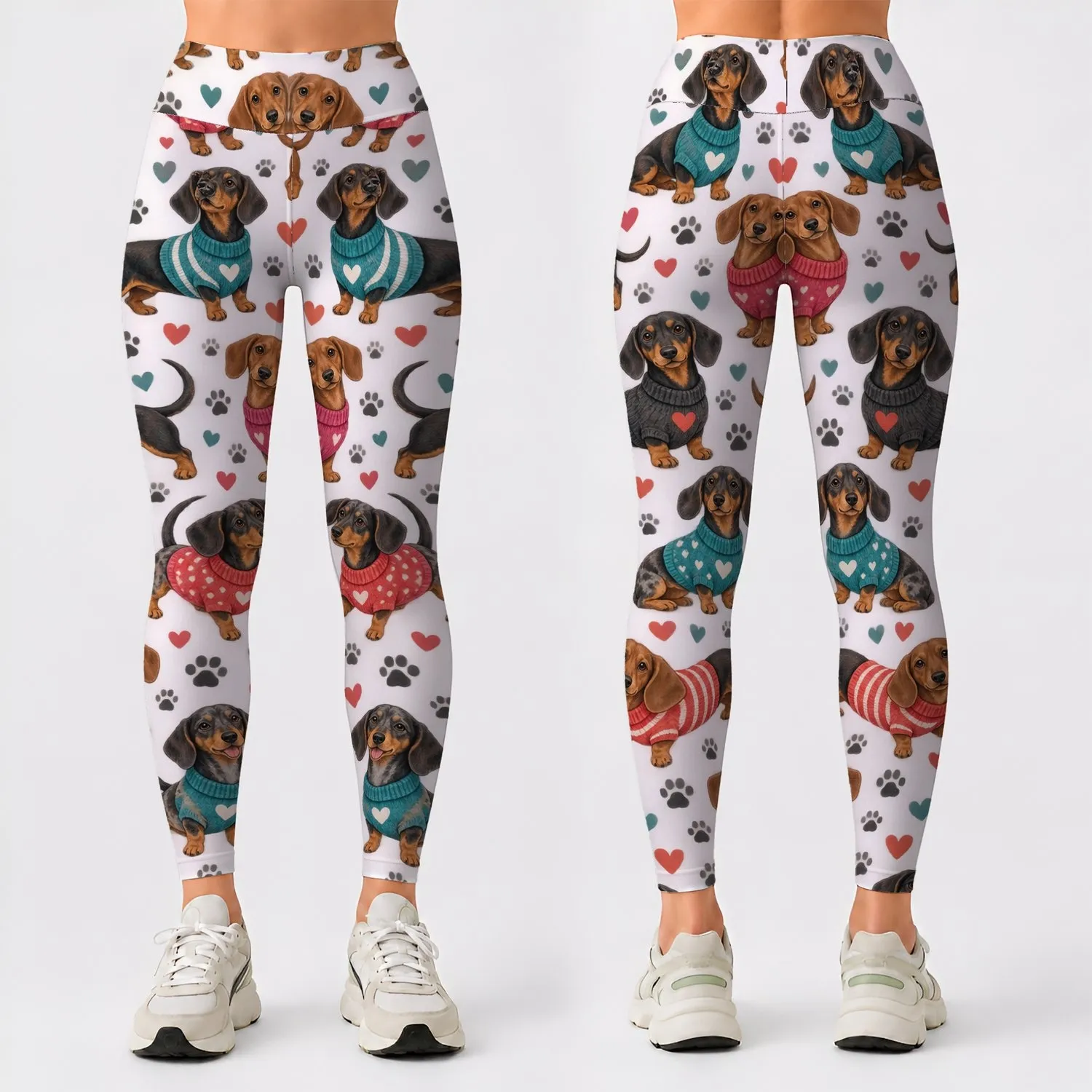Dachshund Dogs and Paw Prints for Playful Weekend Walks and Cozy Casual Style Lovers Leggings - 1
