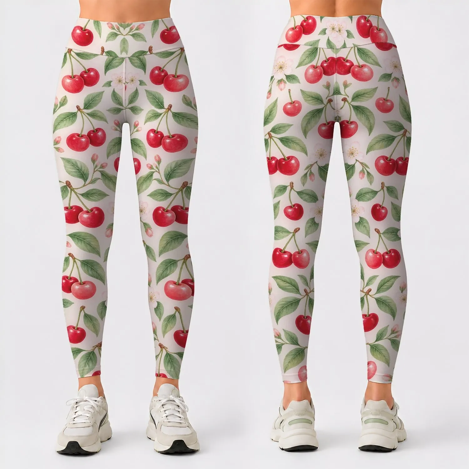 Scarlet Cherry and Sage Leaf Motifs for Cheerful Summer Activewear Leggings - 1