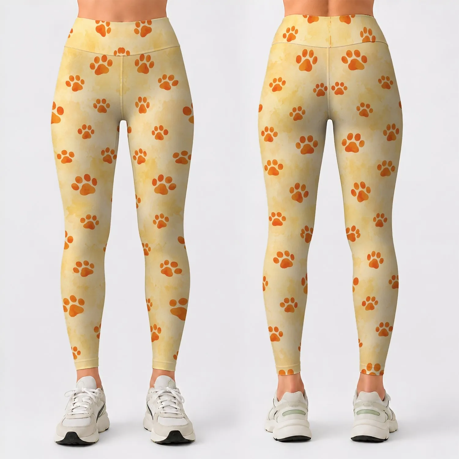 Scattered Orange Paw Prints for Cheerful Everyday Activewear Style for Dog Lovers Leggings - 1