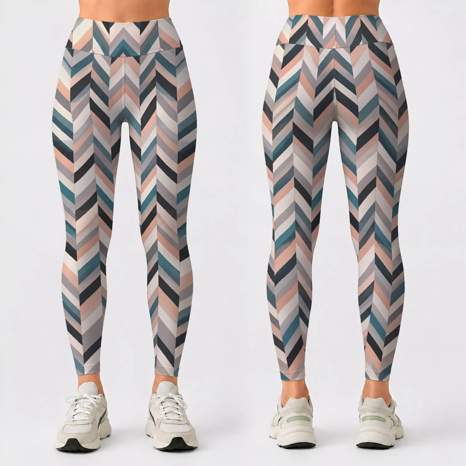 Teal Peach Herringbone Chevron for Yoga Pilates and Everyday Activewear Leggings - 1