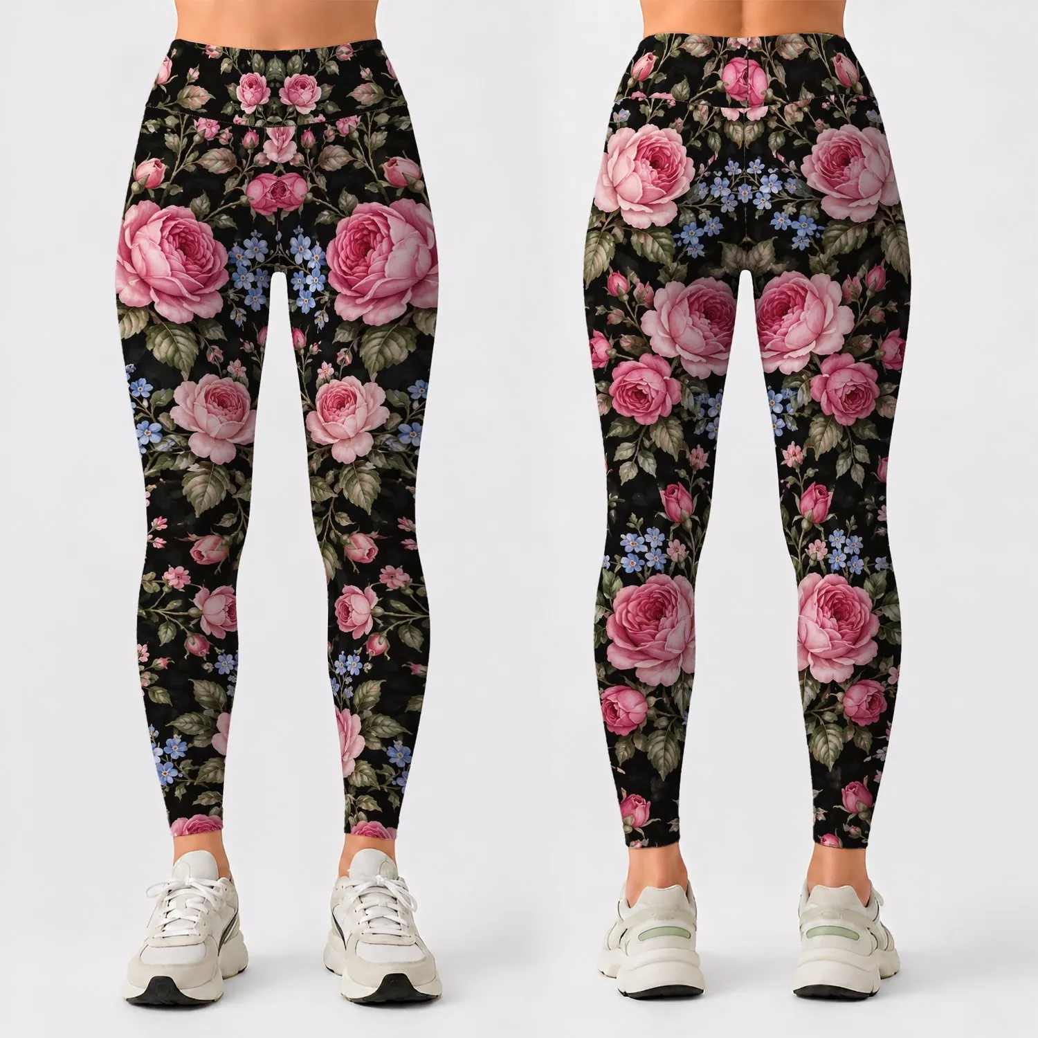 Pink Roses And Blue Forget-Me-Nots For Romantic Fitness And Everyday Wear Leggings - 1