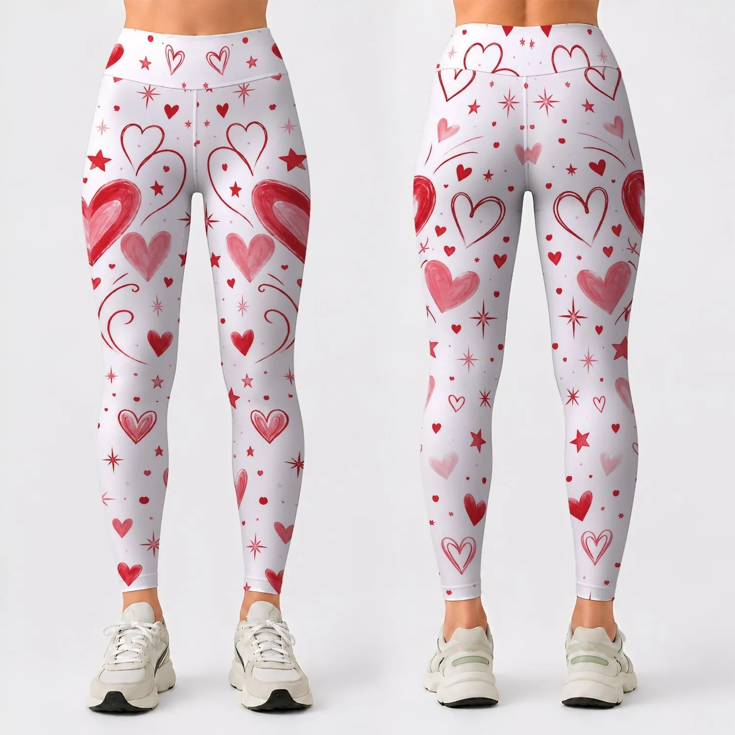 Red Hearts and Stars for Playful Yoga Sessions, Running, and Everyday Fitness Style Leggings - 1