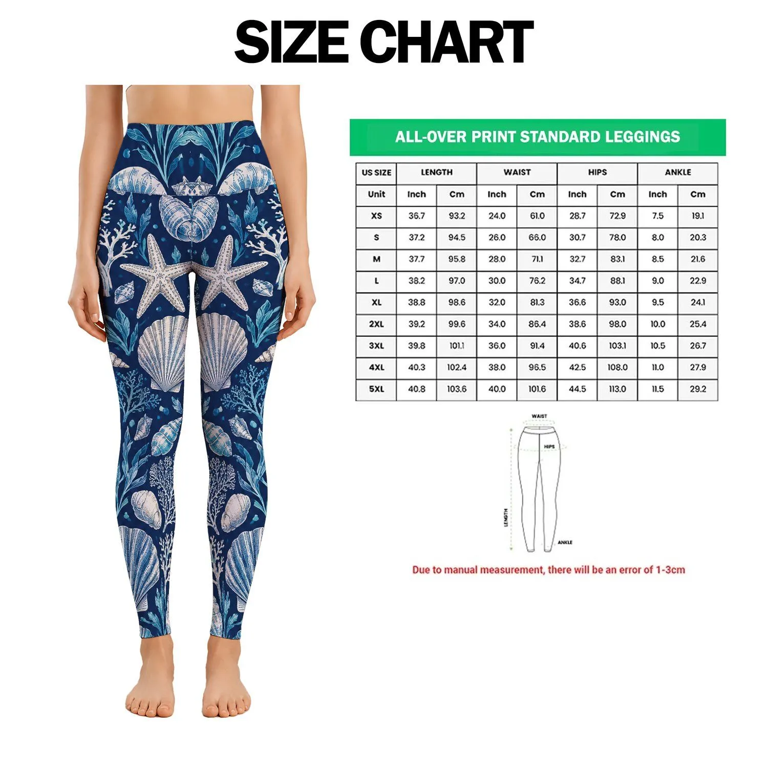 Nautical Seashells and Starfish for Coastal Yoga, Pilates and Everyday Activewear Style Leggings - 1