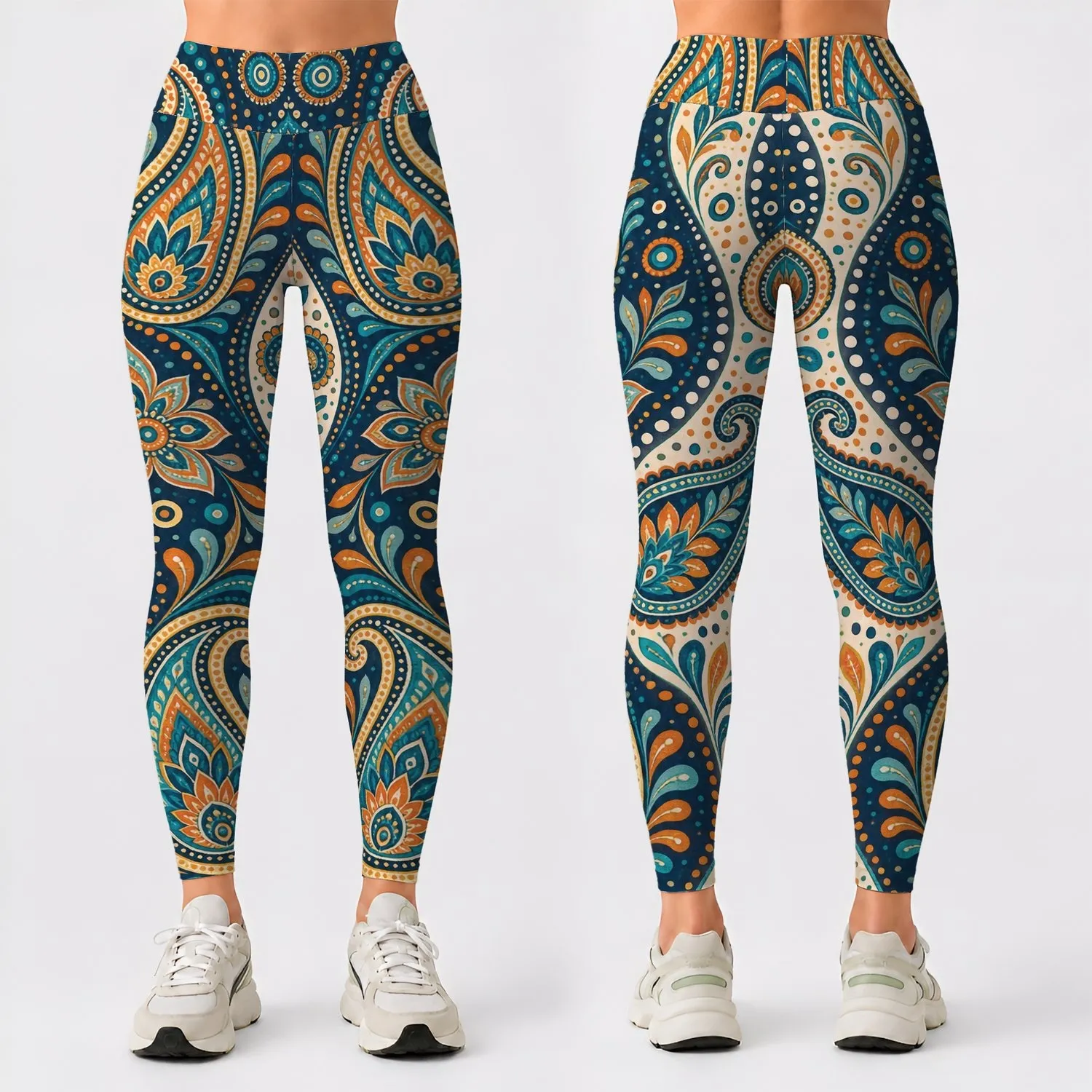 Teal Paisley and Polka Dot Motifs for Yoga, Travel and Everyday Activewear Style Leggings - 1