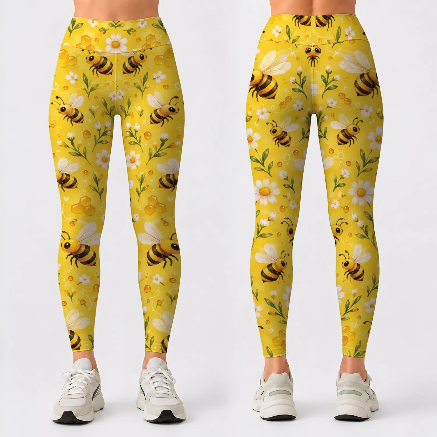 Cheerful Honeybee And Daisy Motifs For Yoga, Pilates, And Everyday Outings Leggings - 1