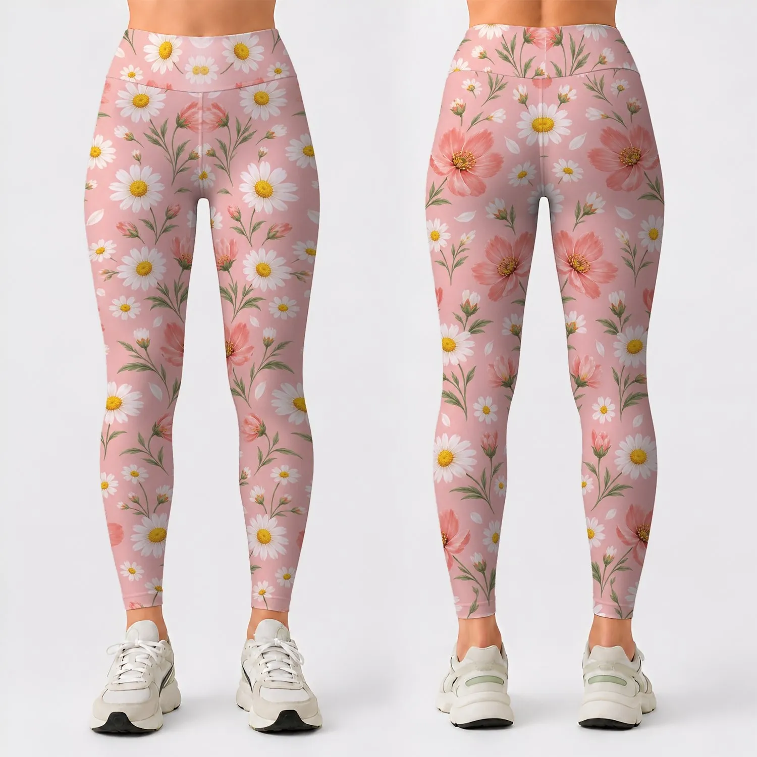 Soft Pink Daisy and Coral Bloom Motifs for Spring Fitness and Everyday Casual Style Leggings - 1