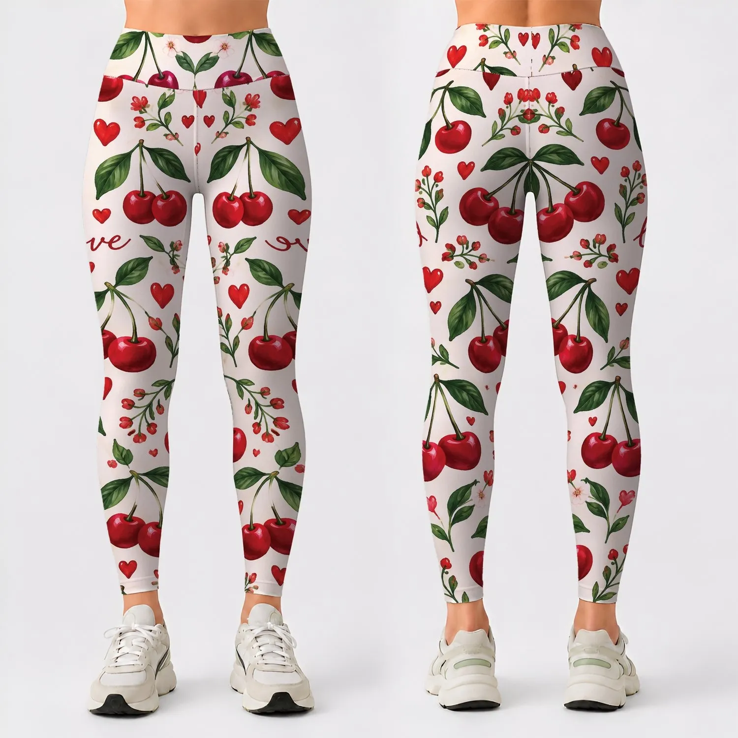 Cherry Hearts and Sweet Red Cherries for Playful Valentine's Day Fitness Style for Her Leggings - 1