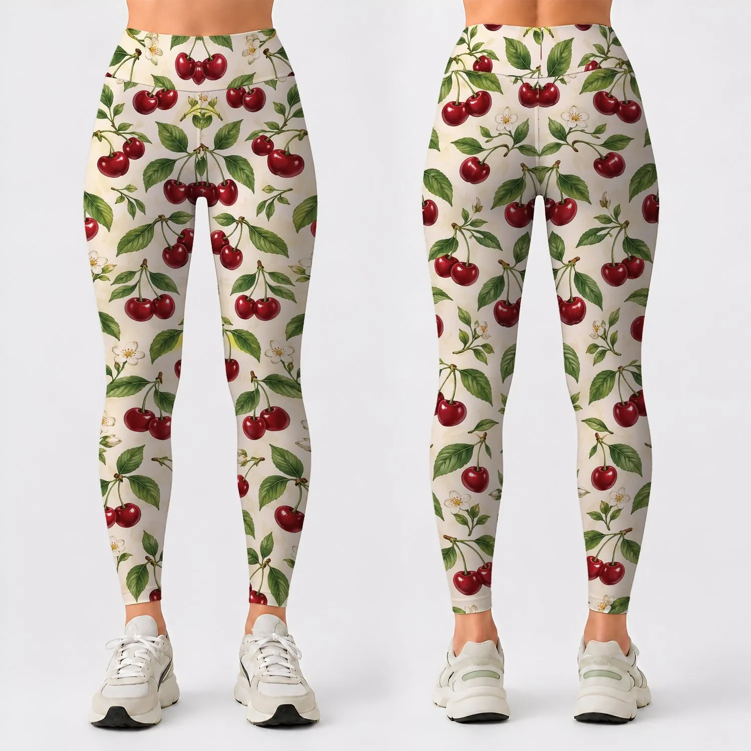 Ivory Red Cherry and Green Leaf Motif for Cheerful Everyday Activewear Leggings - 1